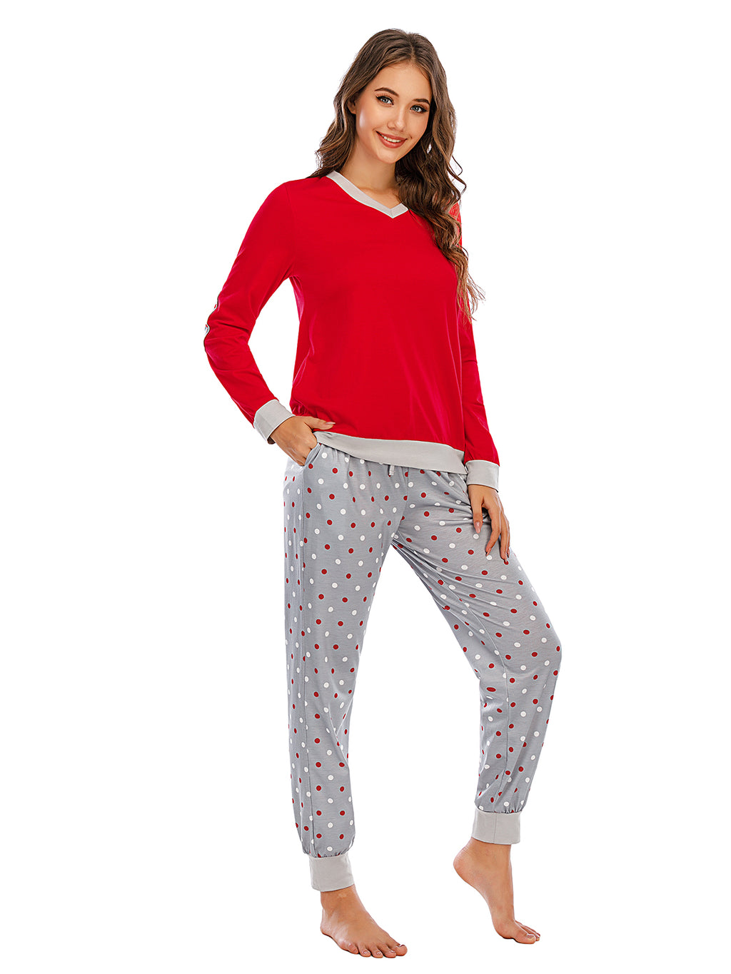 Long Sleeve Top and Polka Dot Pants Set in Pastel Blue for Women
