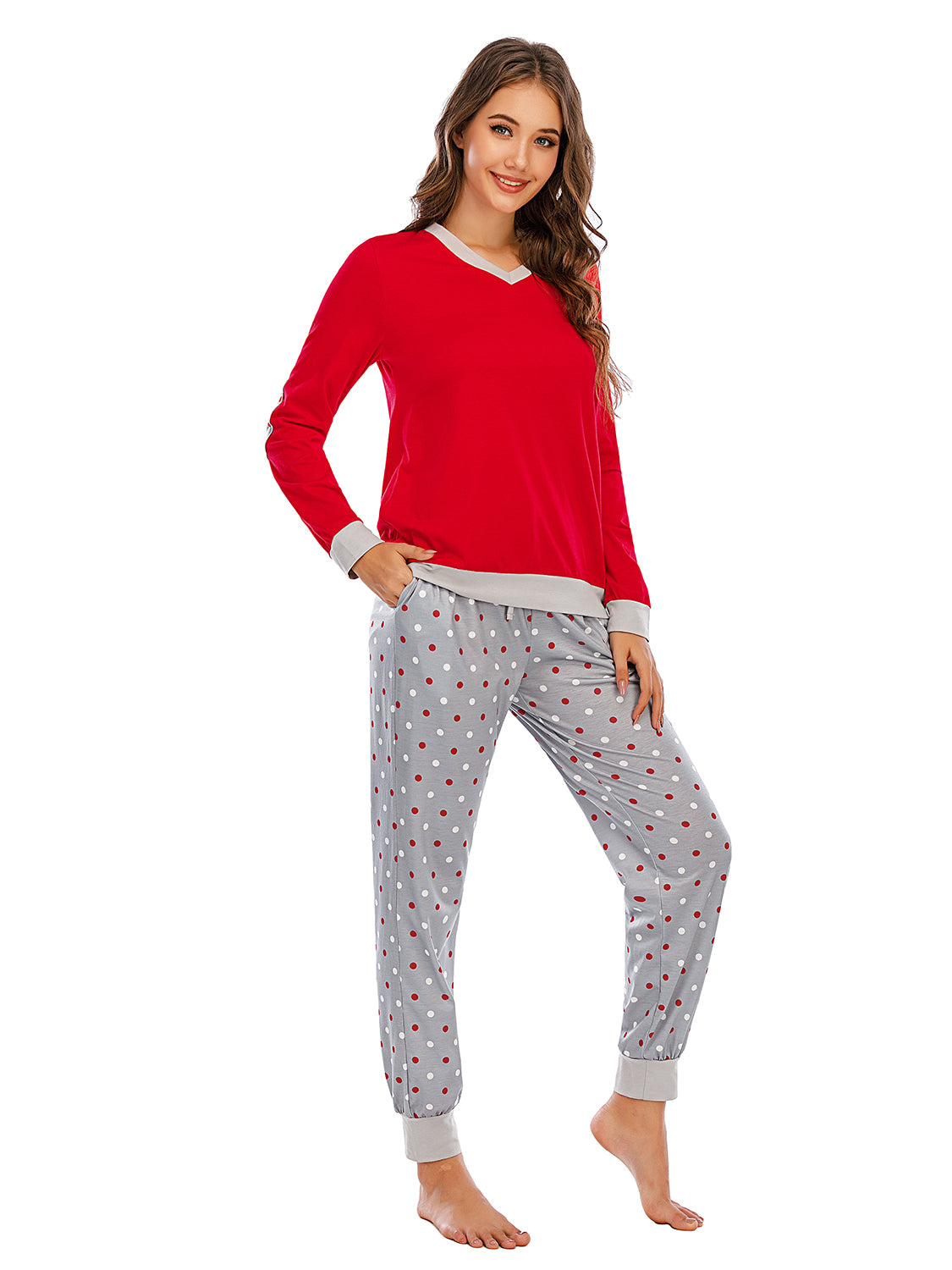 Long Sleeve Top and Polka Dot Pants Set in Pastel Blue for Women