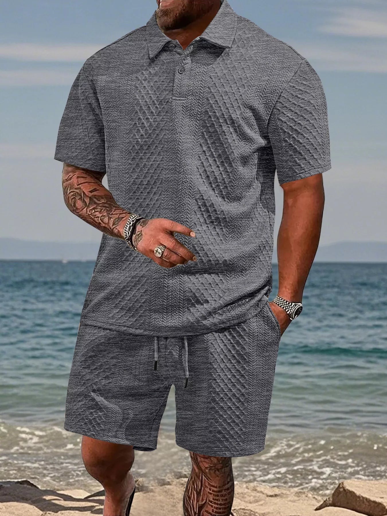 Textured Knit Polo Shirt & Shorts Set Plus Size in Navy Blue for Men