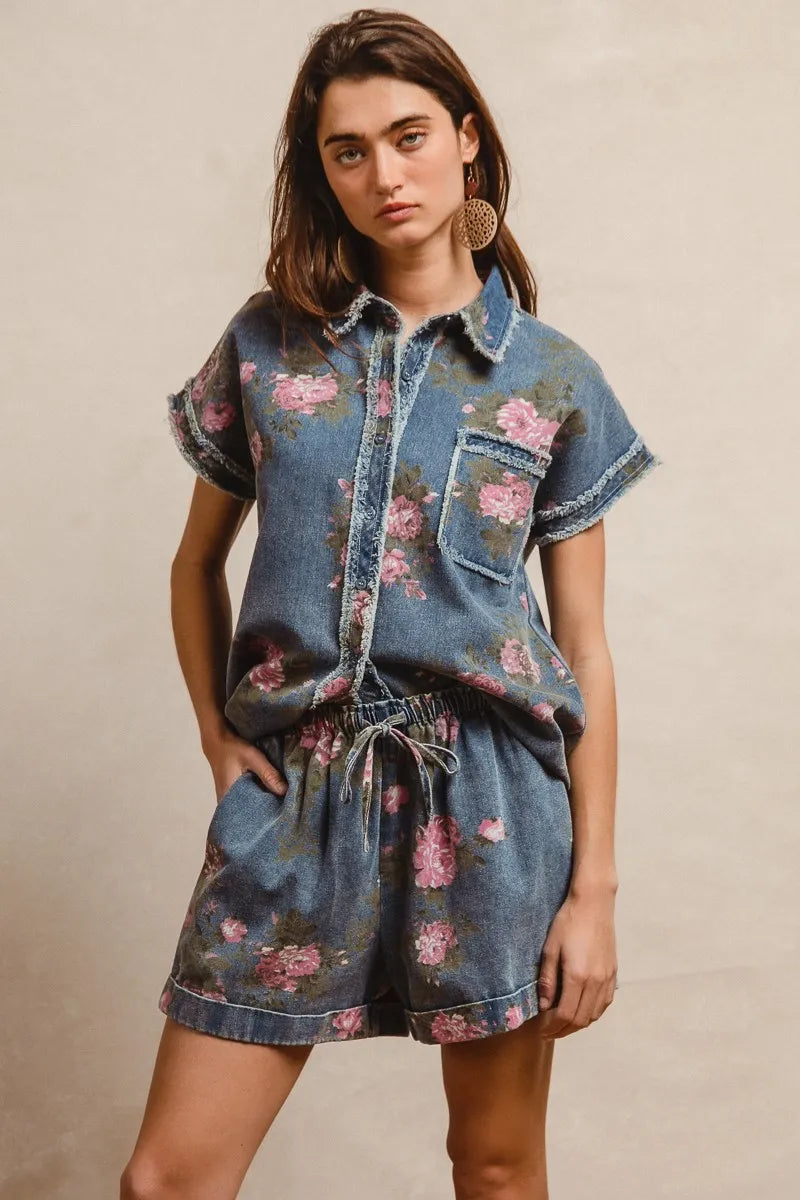 Floral Printed Denim Short Pants with Pocket for Women