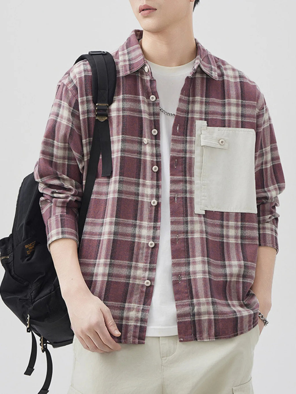 Plus Size Plaid Button Down Shirt with Contrast Pocket in Pink for Men