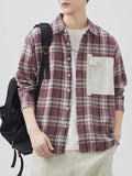 Plus Size Plaid Button Down Shirt with Contrast Pocket in Pink for Men