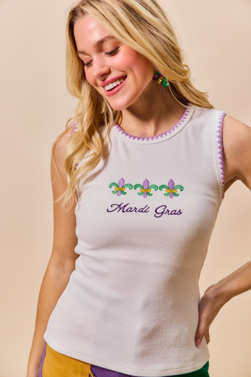 Mardi Gras Tank Top with Contrast Blanket Stitch for Women