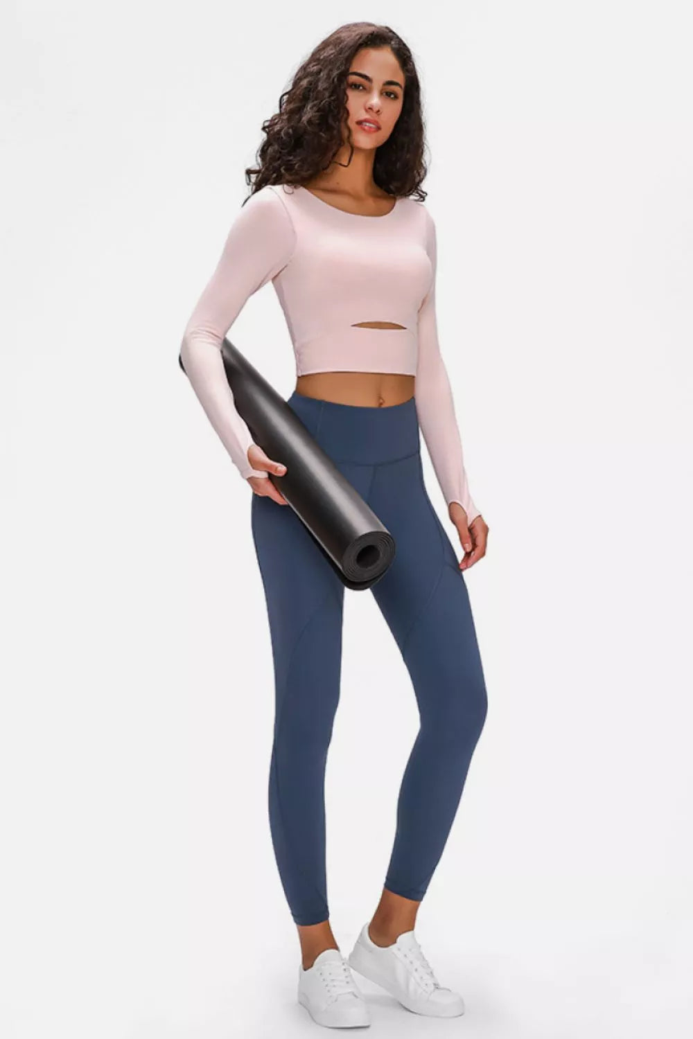 Long Sleeve Cropped Top with Sports Strap in Blush Pink for Women