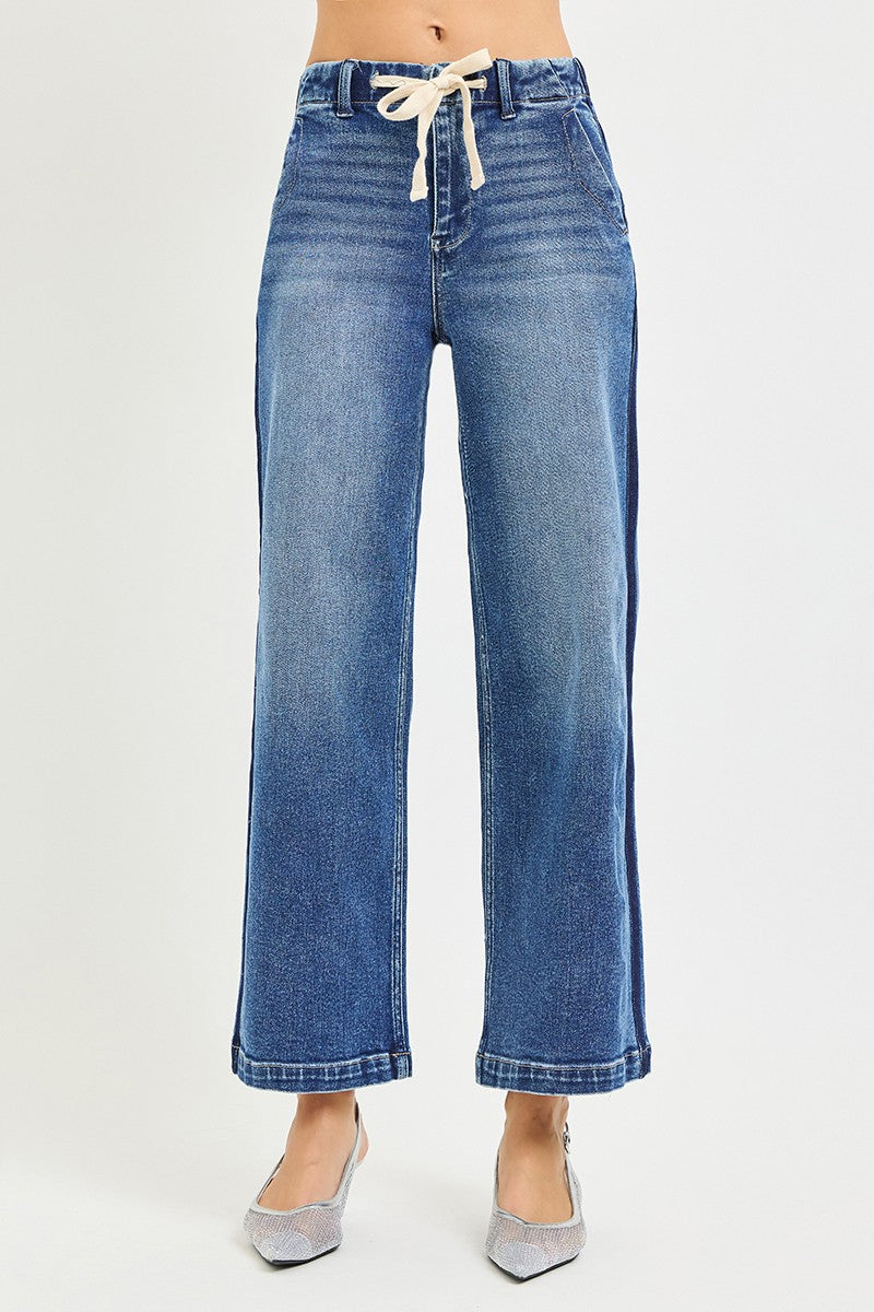 Elastic Band High Rise Cropped Wide Jeans in Medium for Women
