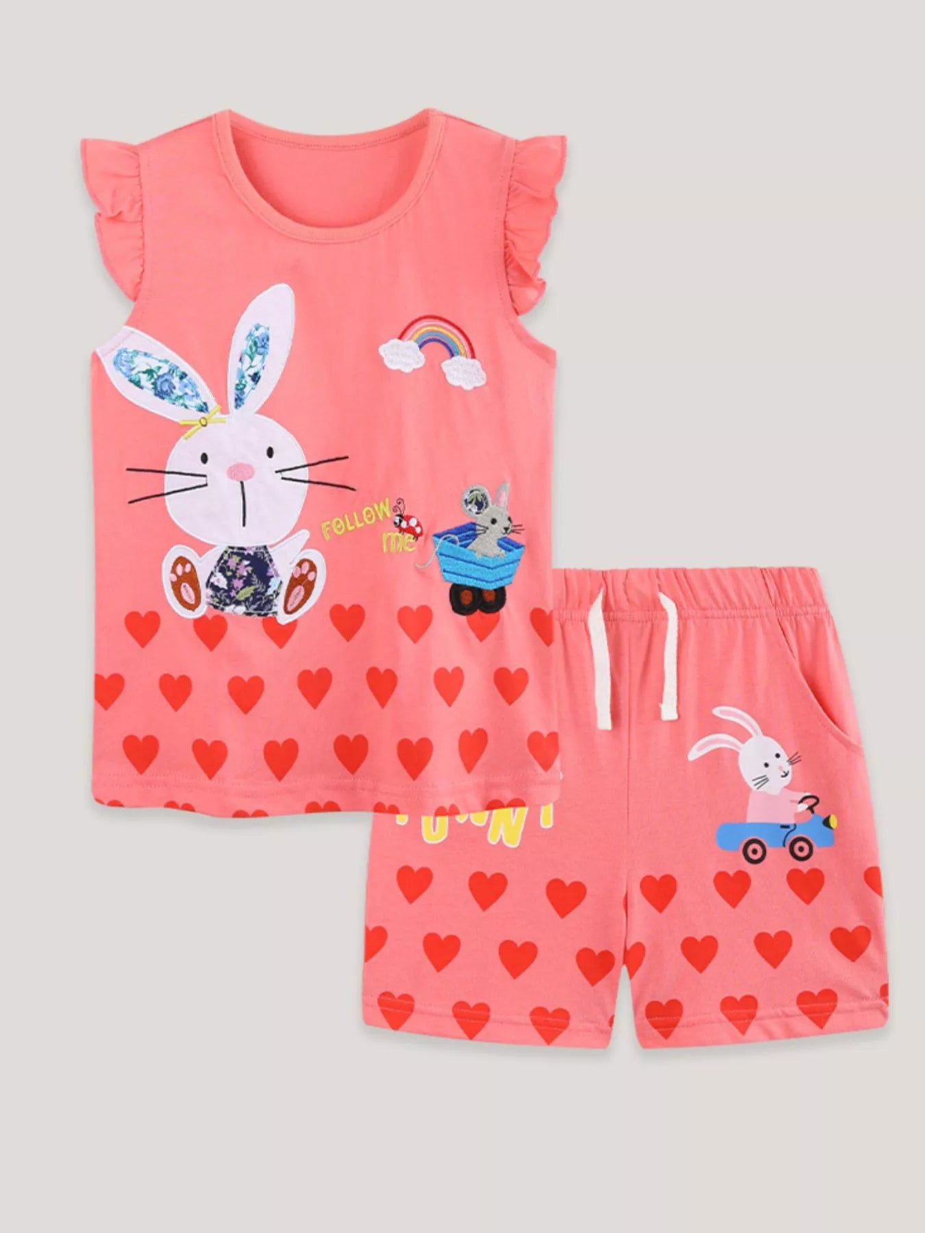 Bunny Heart Print Top and Shorts Set in Strawberry for Girls