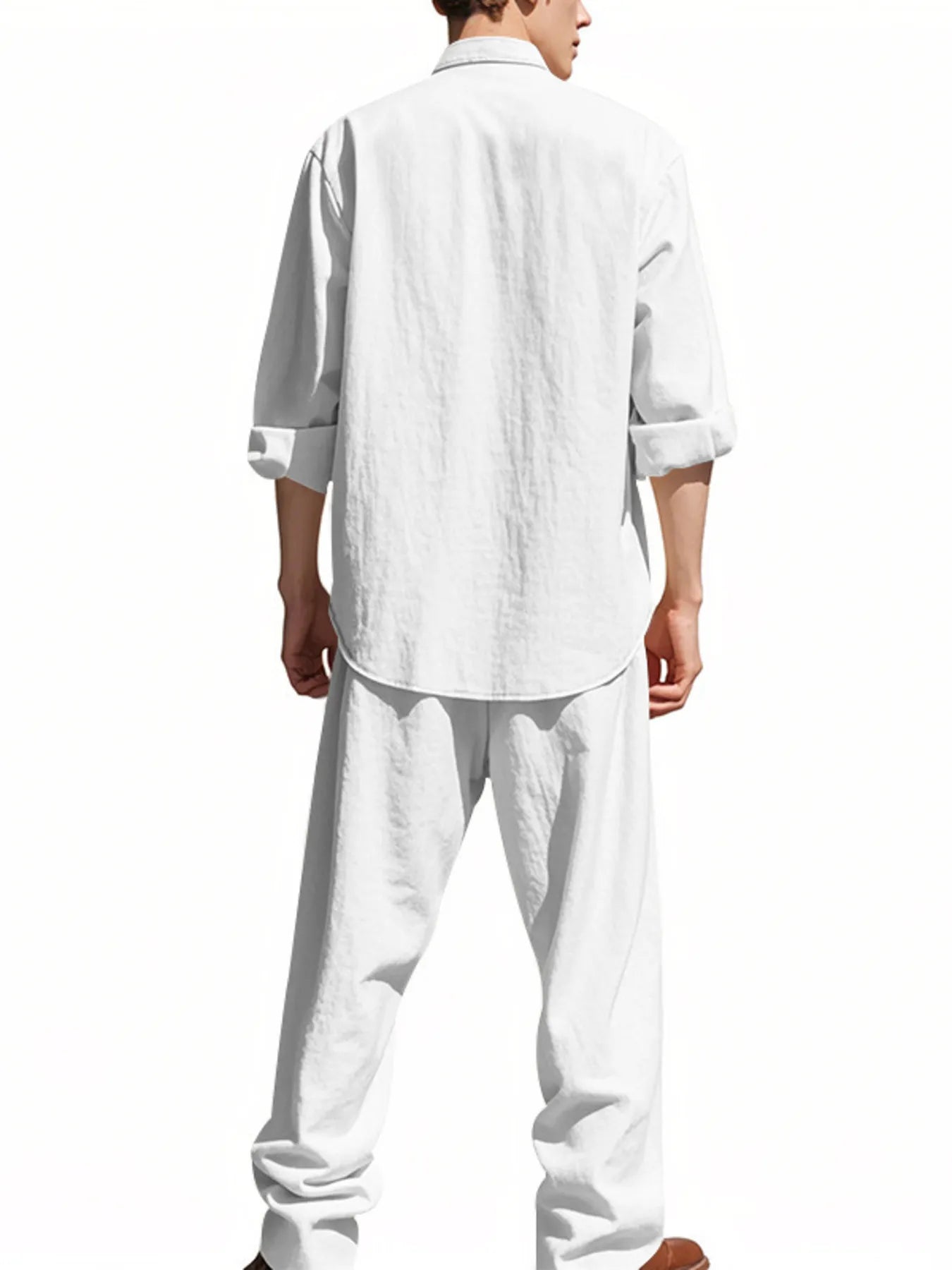 Button Up Shirt and Pants Set Plus Size in White for Men
