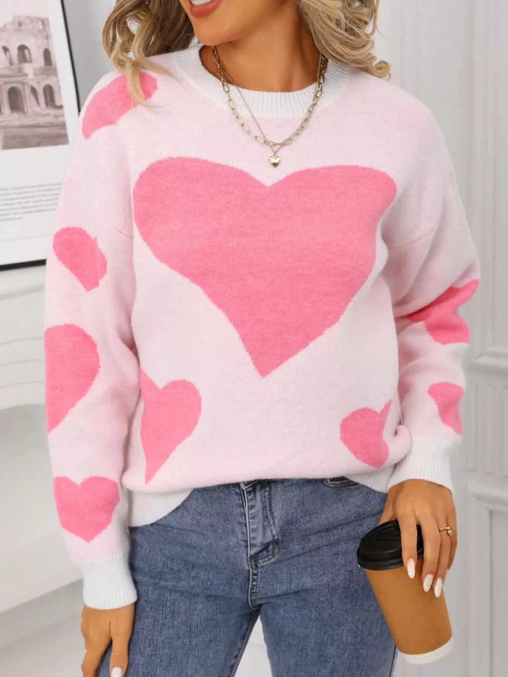 Valentines Day Heart Crew Neck Sweater in Classic in Rose Red for Women