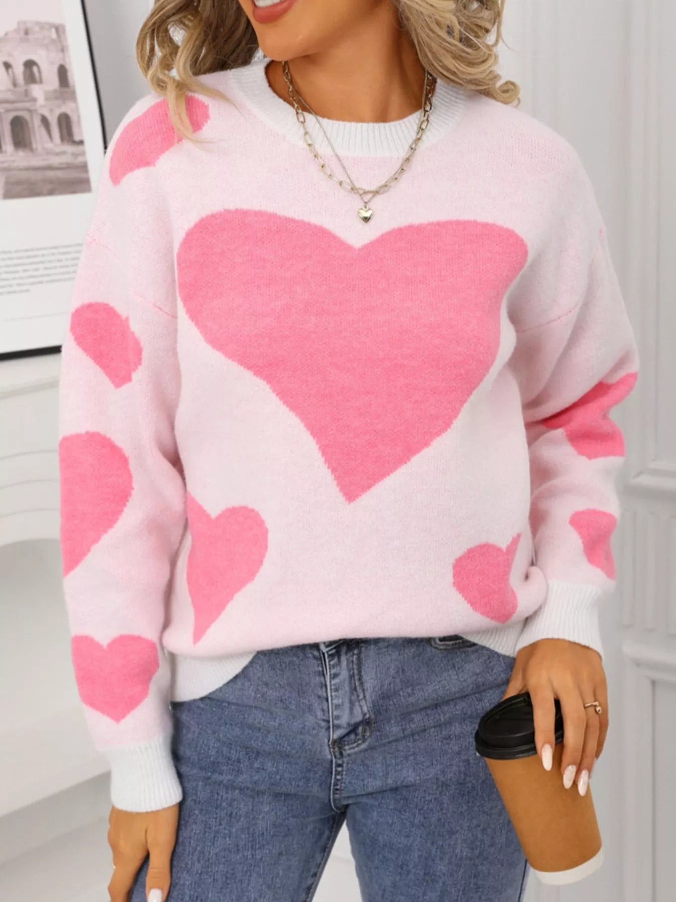 Valentines Day Heart Crew Neck Sweater in Classic in Rose Red for Women