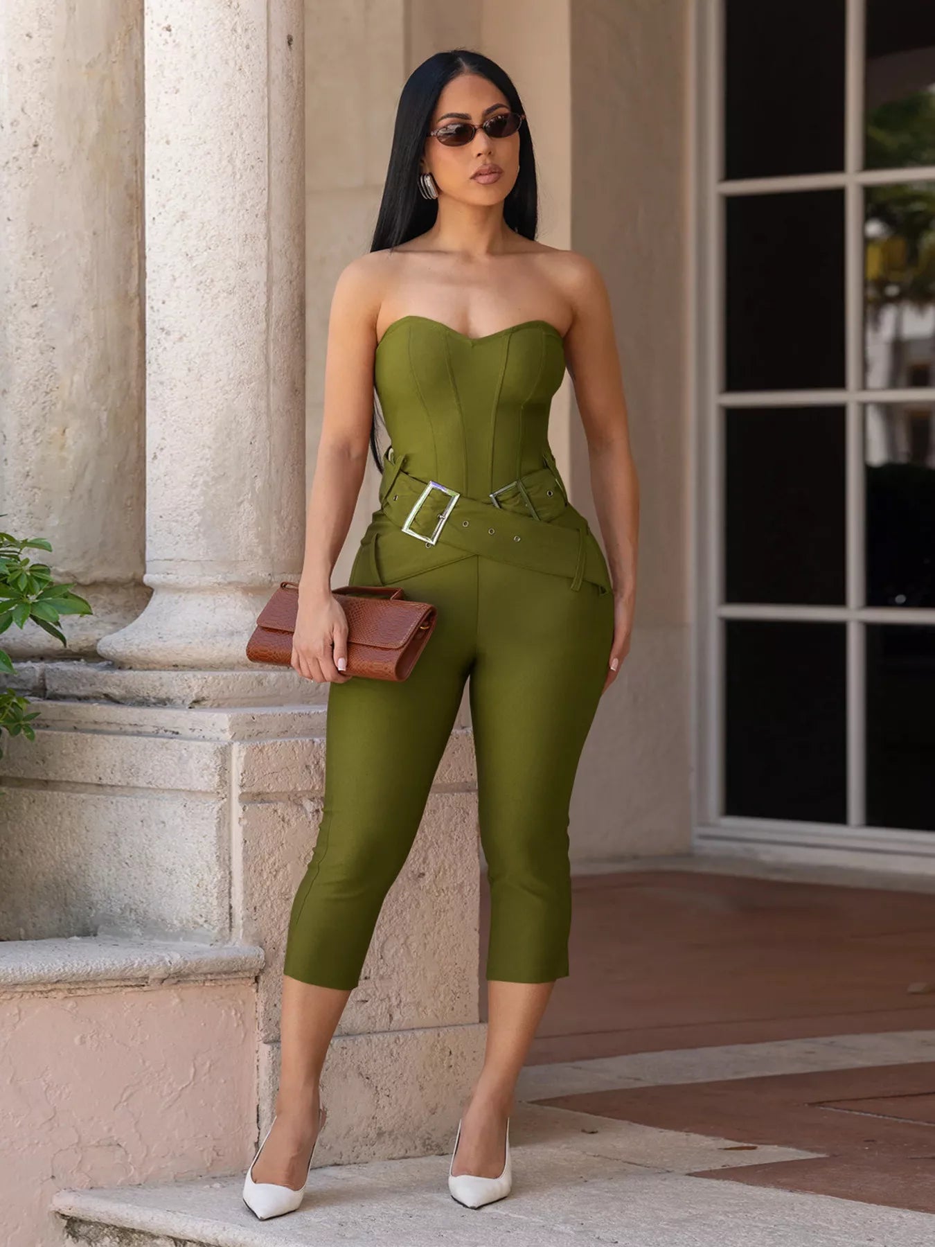 Belted Tube Skinny Jumpsuit in Moss for Women