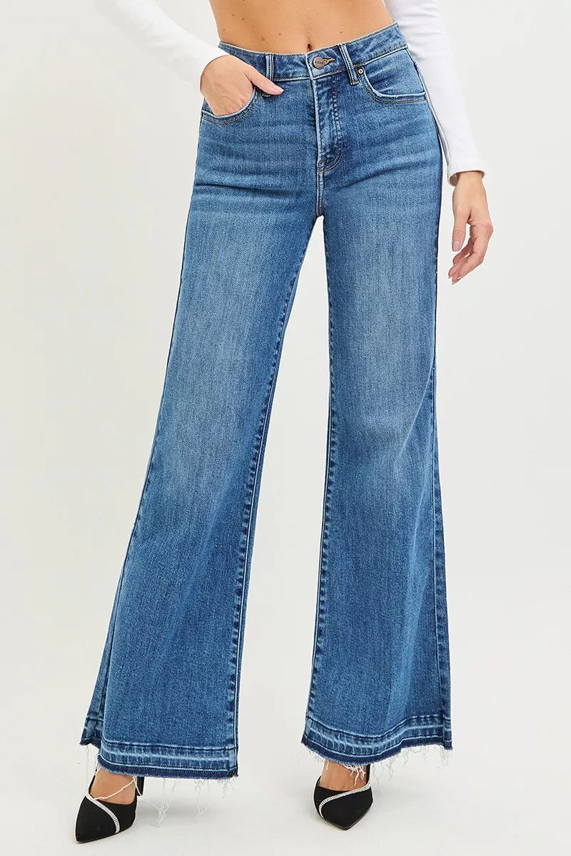 High Rise Wide Leg Jeans with Released Hem in Medium for Women