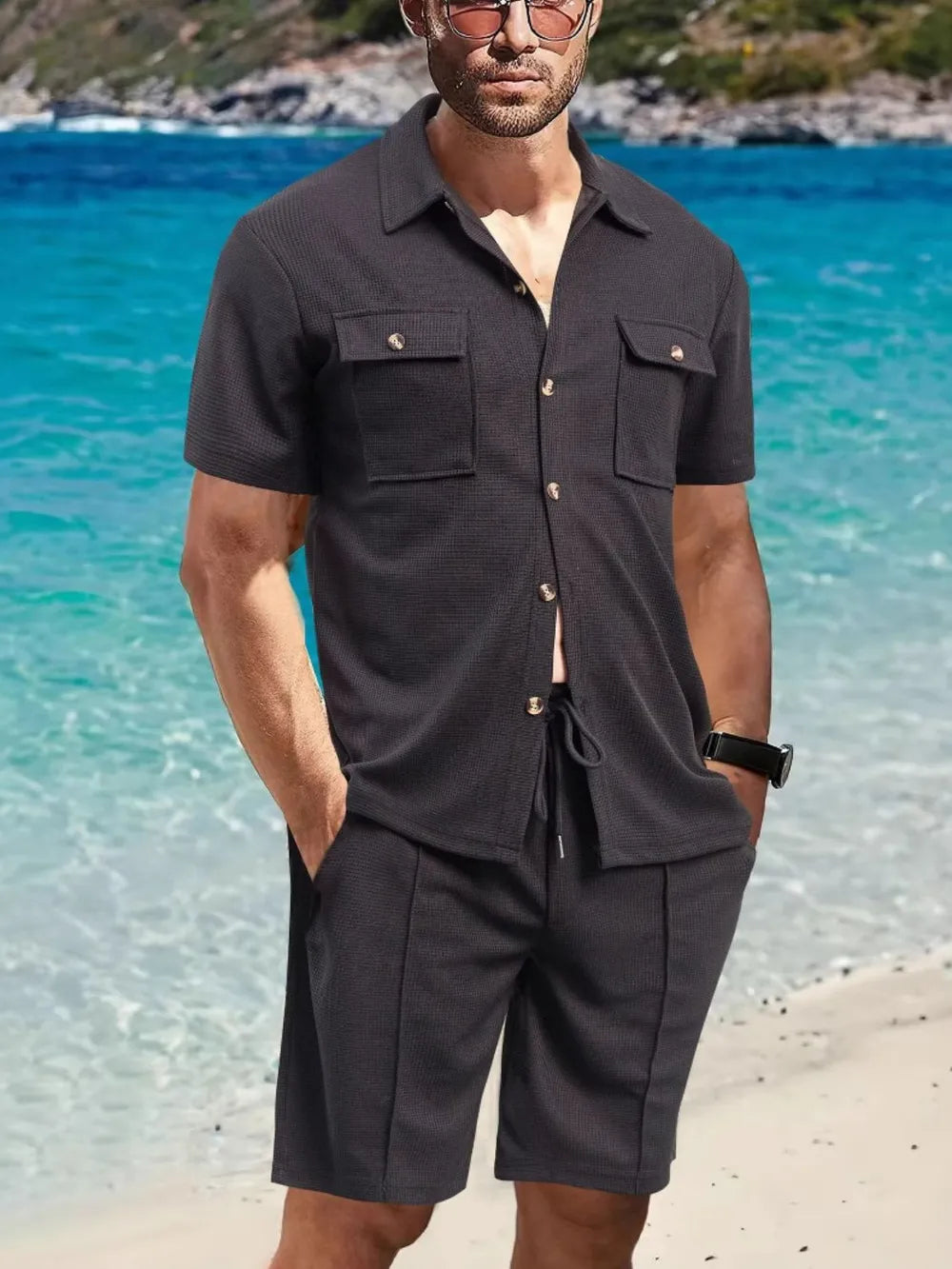 Button Down Short Sleeve Top and Shorts Set Plus Size in Deep Teal for Men