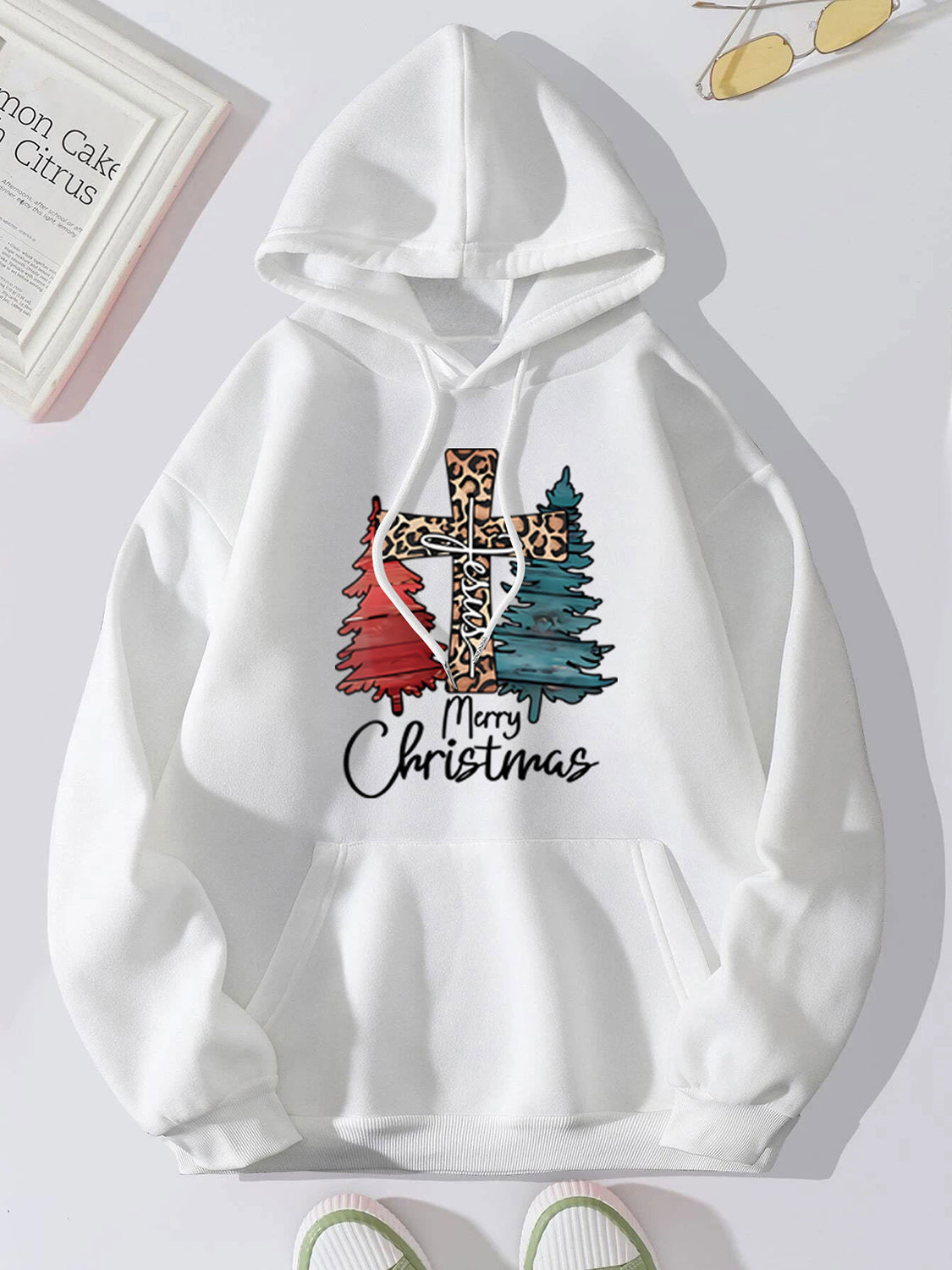 Merry Christmas Graphic Drawstring Hoodie in Chestnut for Women