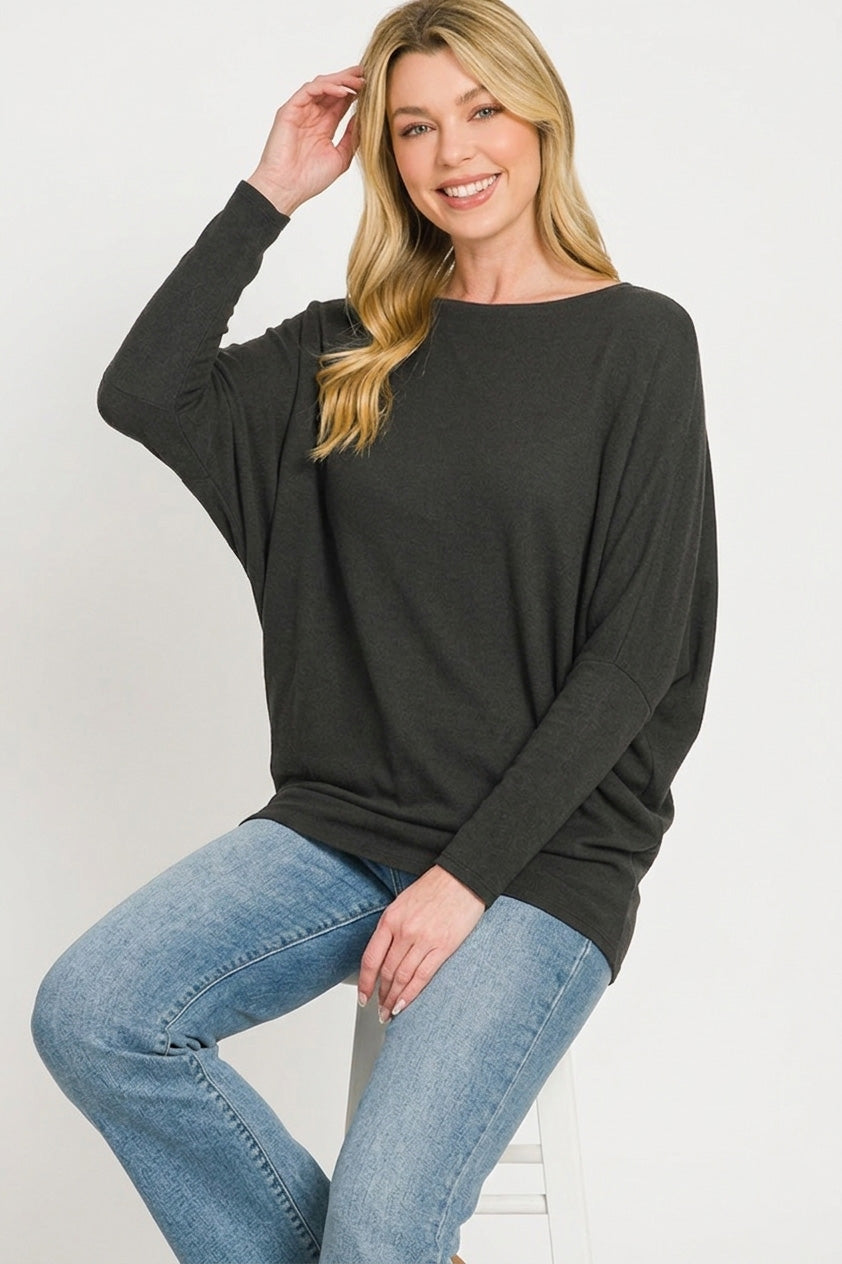 Hacci Dolman Sleeve Boat Neck Top in Black for Women