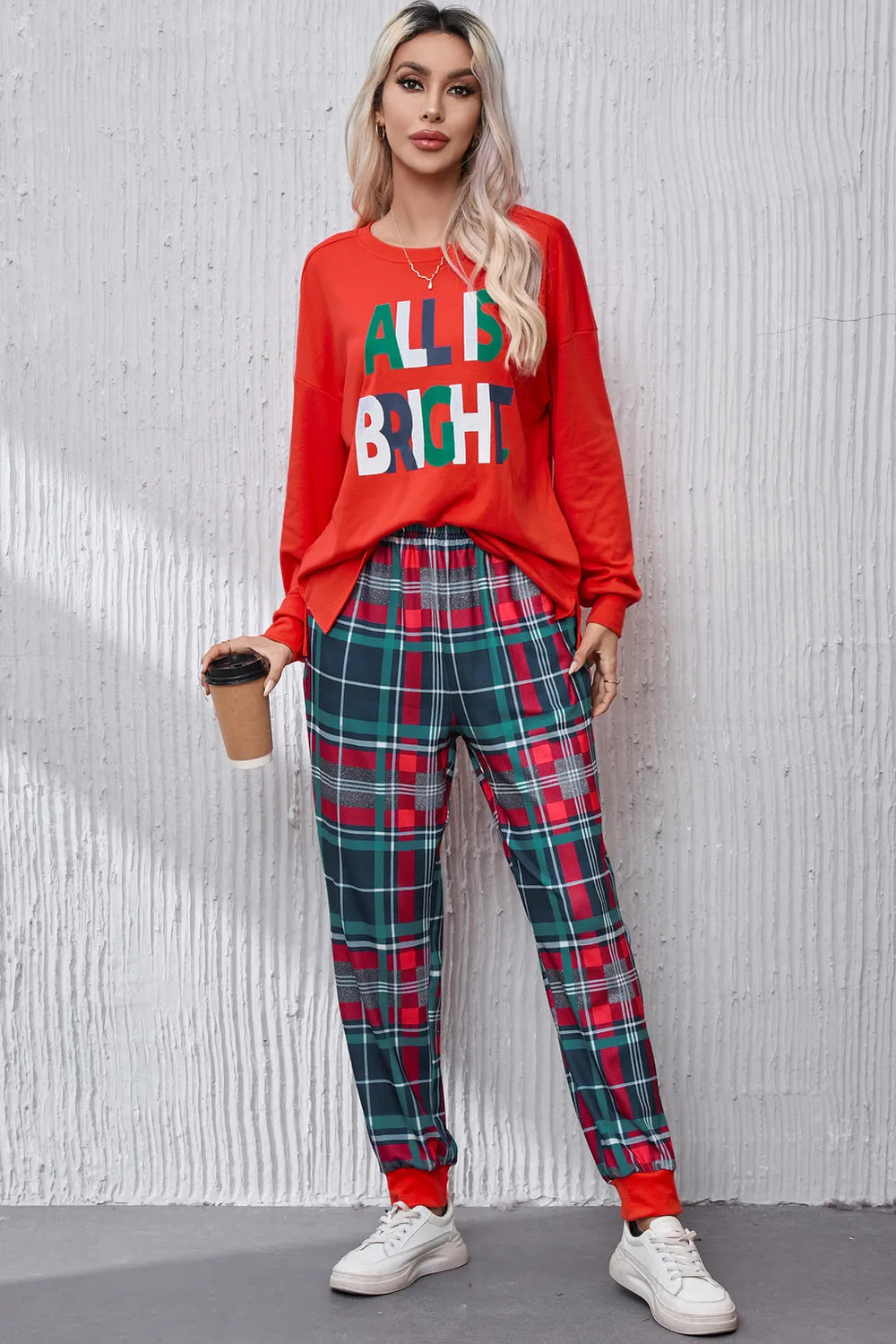 All Is Round Neck Top and Plaid Pants Lounge Set for Women