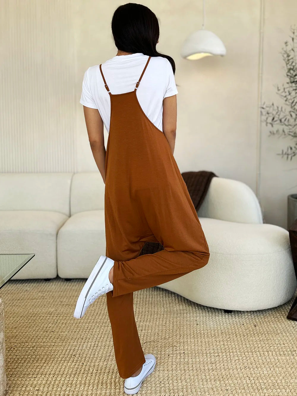 Plus Size Sleeveless V-Neck Pocketed Jumpsuit in Green for Women
