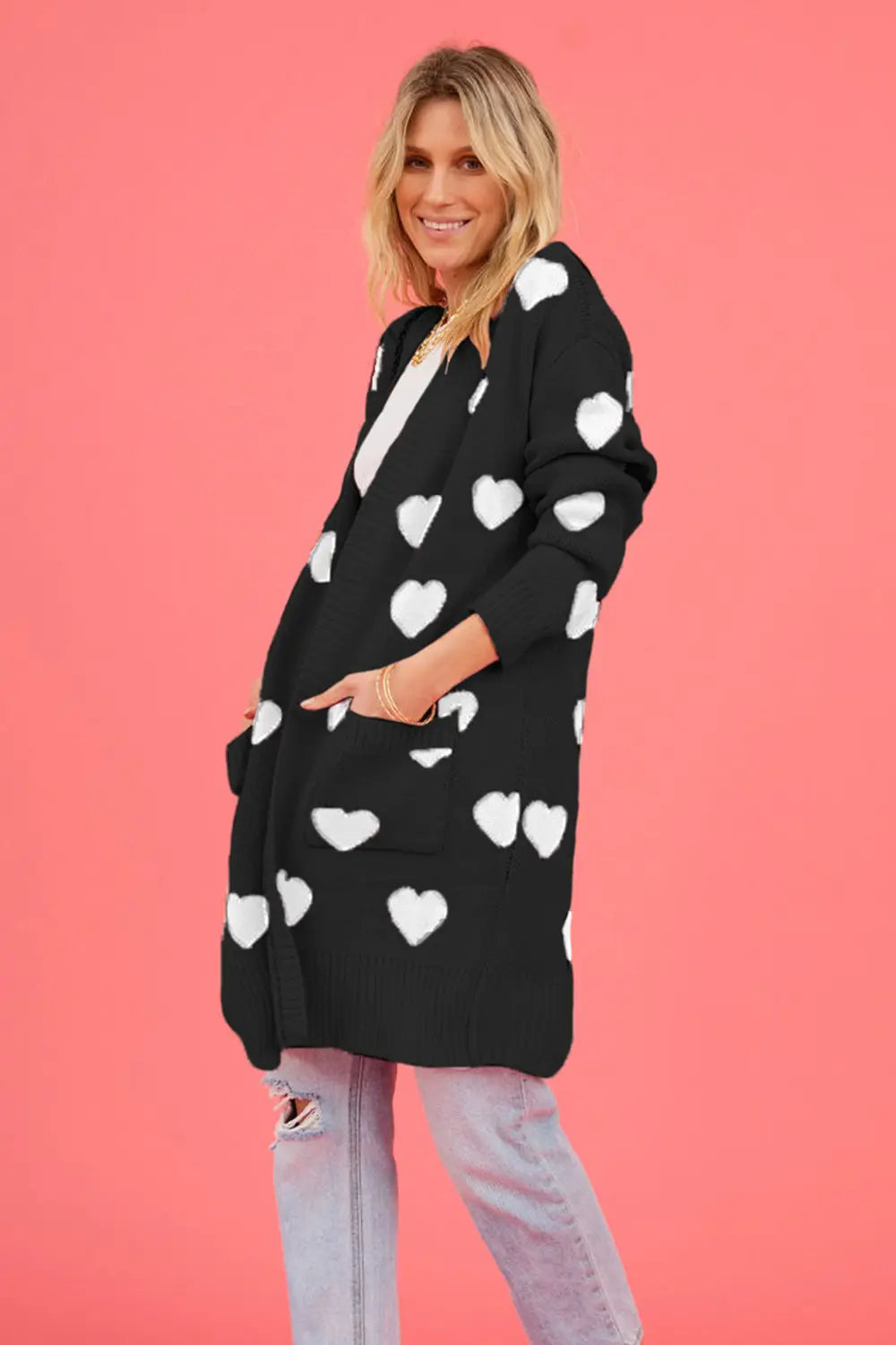 Heart Graphic Open Front Cardigan with Pockets in Blush Pink for Women