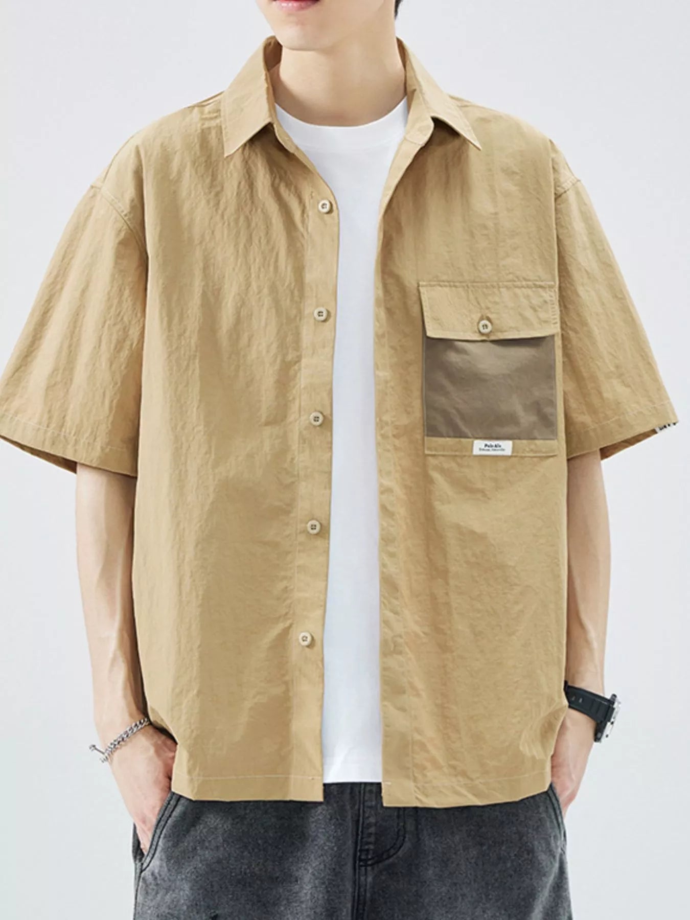 Plus Size Button Up Short Sleeve Shirt in Camel for Men