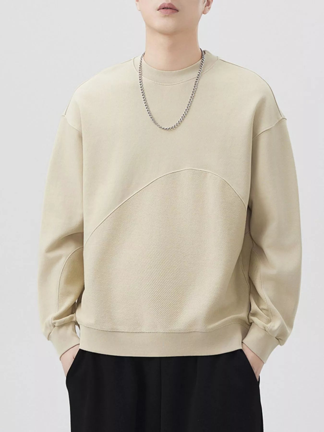 Plus Size Round Neck Long Sleeve Sweatshirt in Light Khaki in Royal Blue for Men