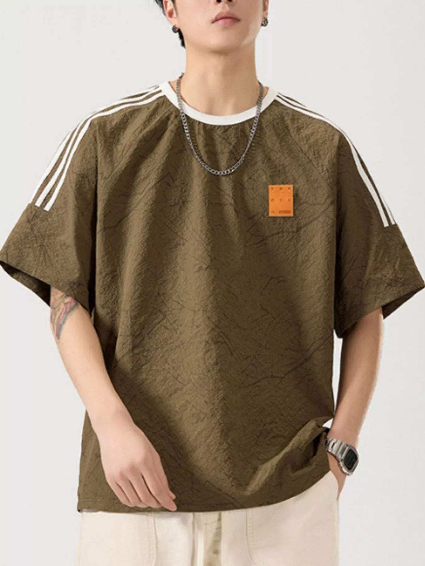 Striped Shoulder Relaxed Fit T-Shirt Plus Size in Black for Men