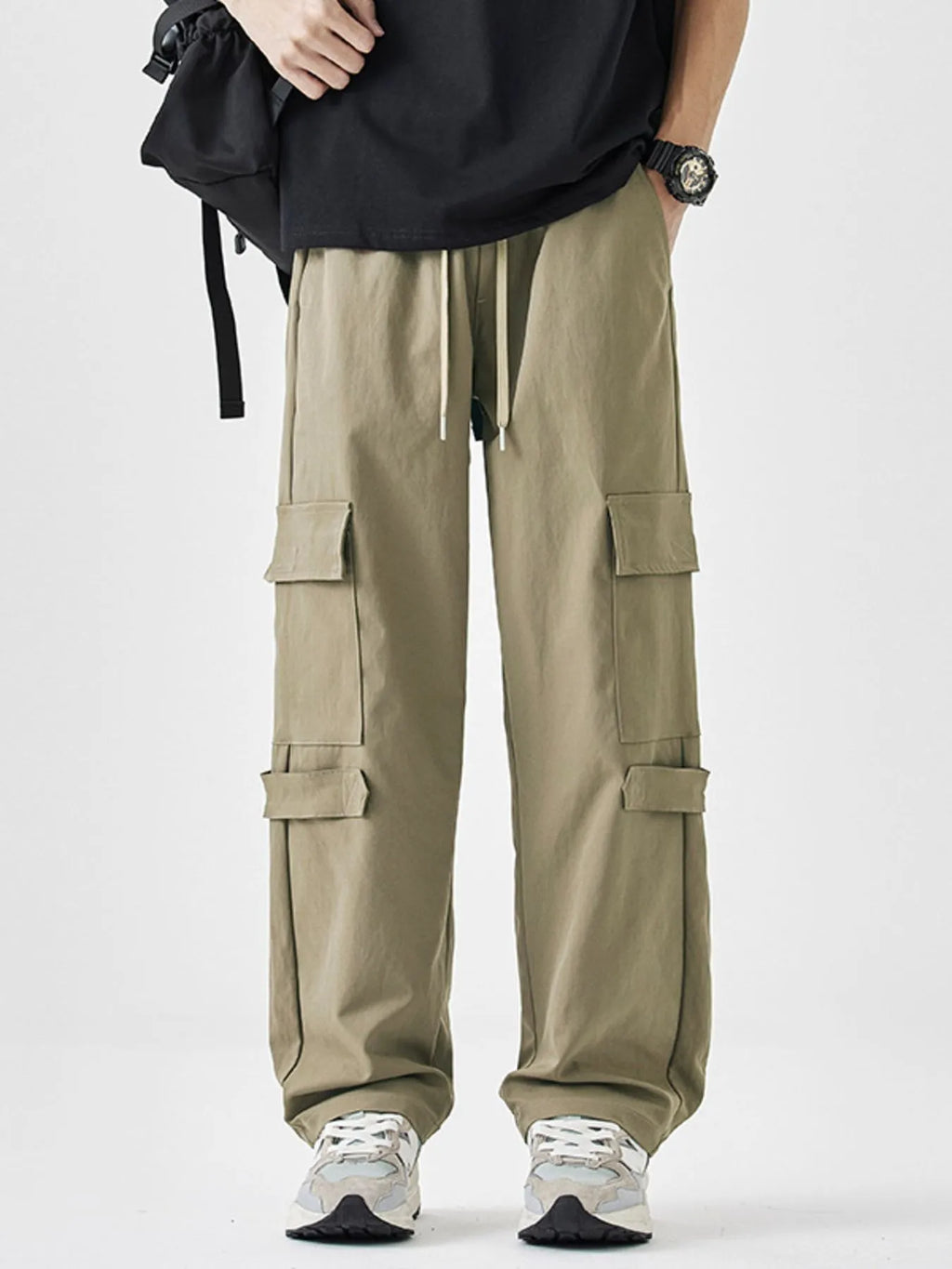 Plus Size Multi-Pocket Cargo Utility Pants with Drawstring Waist in Black for Men