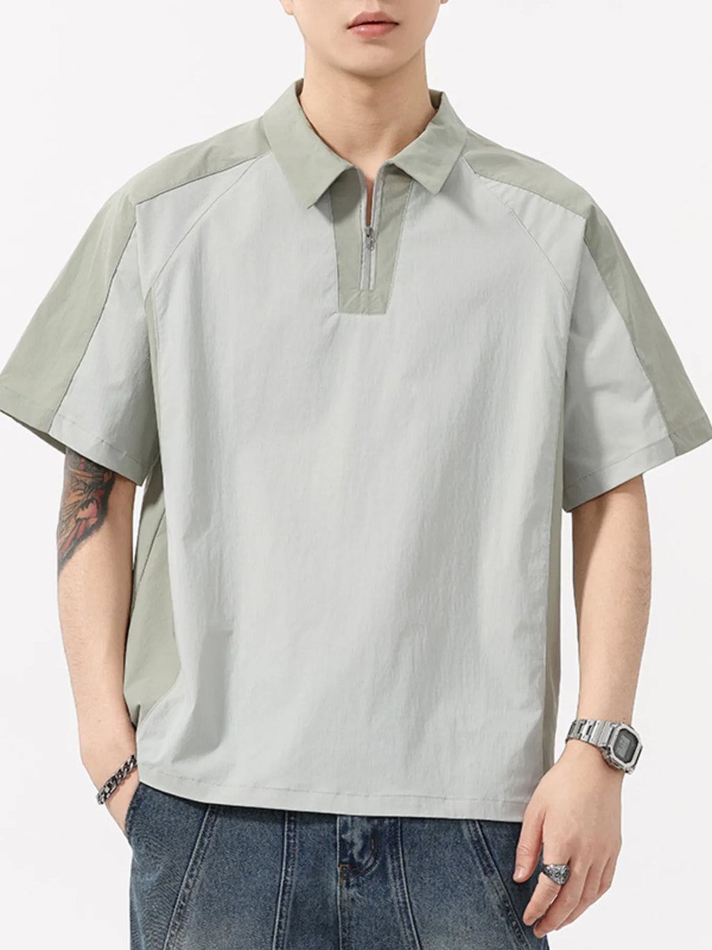 Plus Size Quarter Zip Short Sleeve Polo in Grey for Men