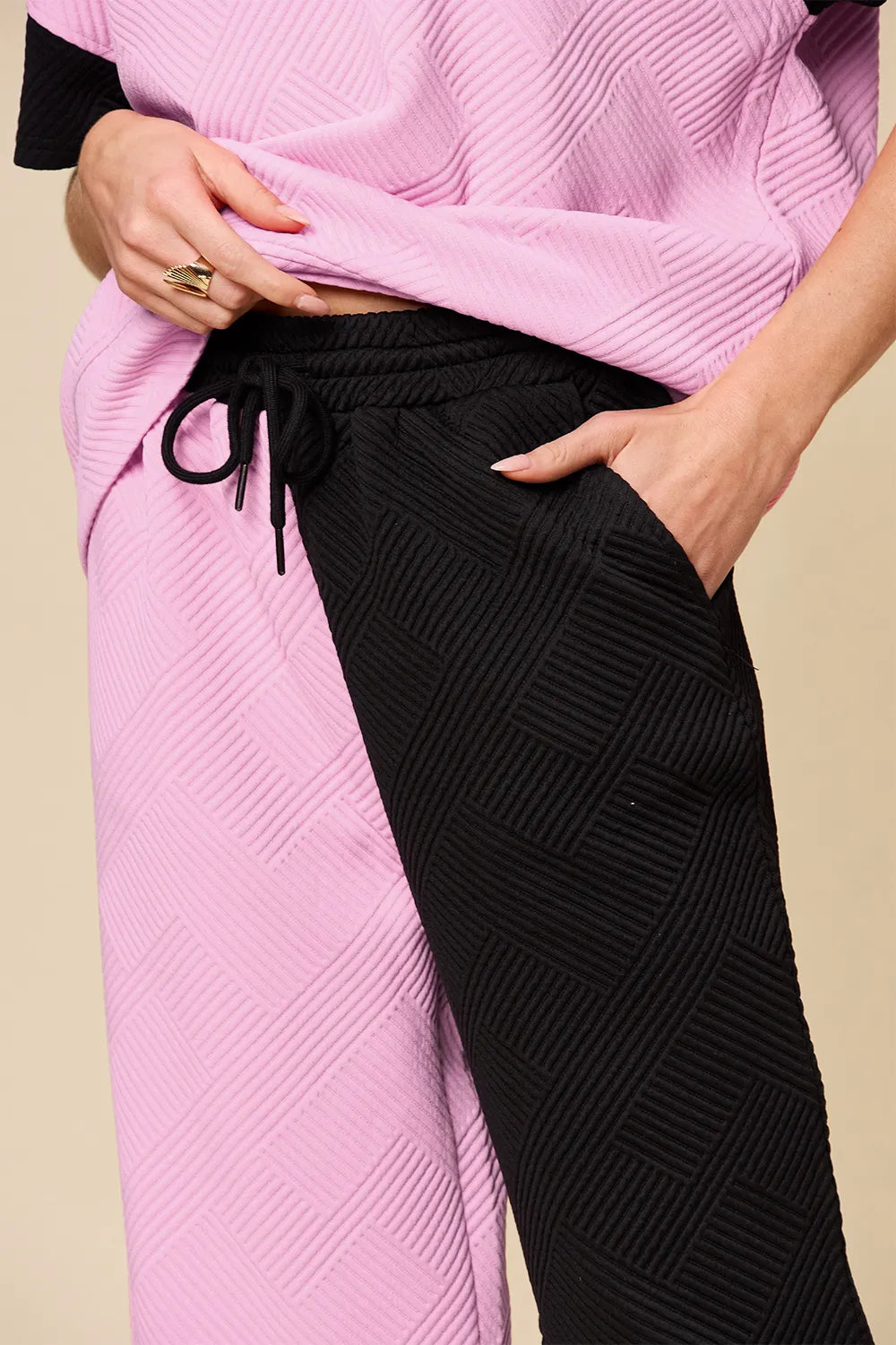 Plus Size Texture Contrast T-Shirt and Wide Leg Pants Set in Royal Blue for Women