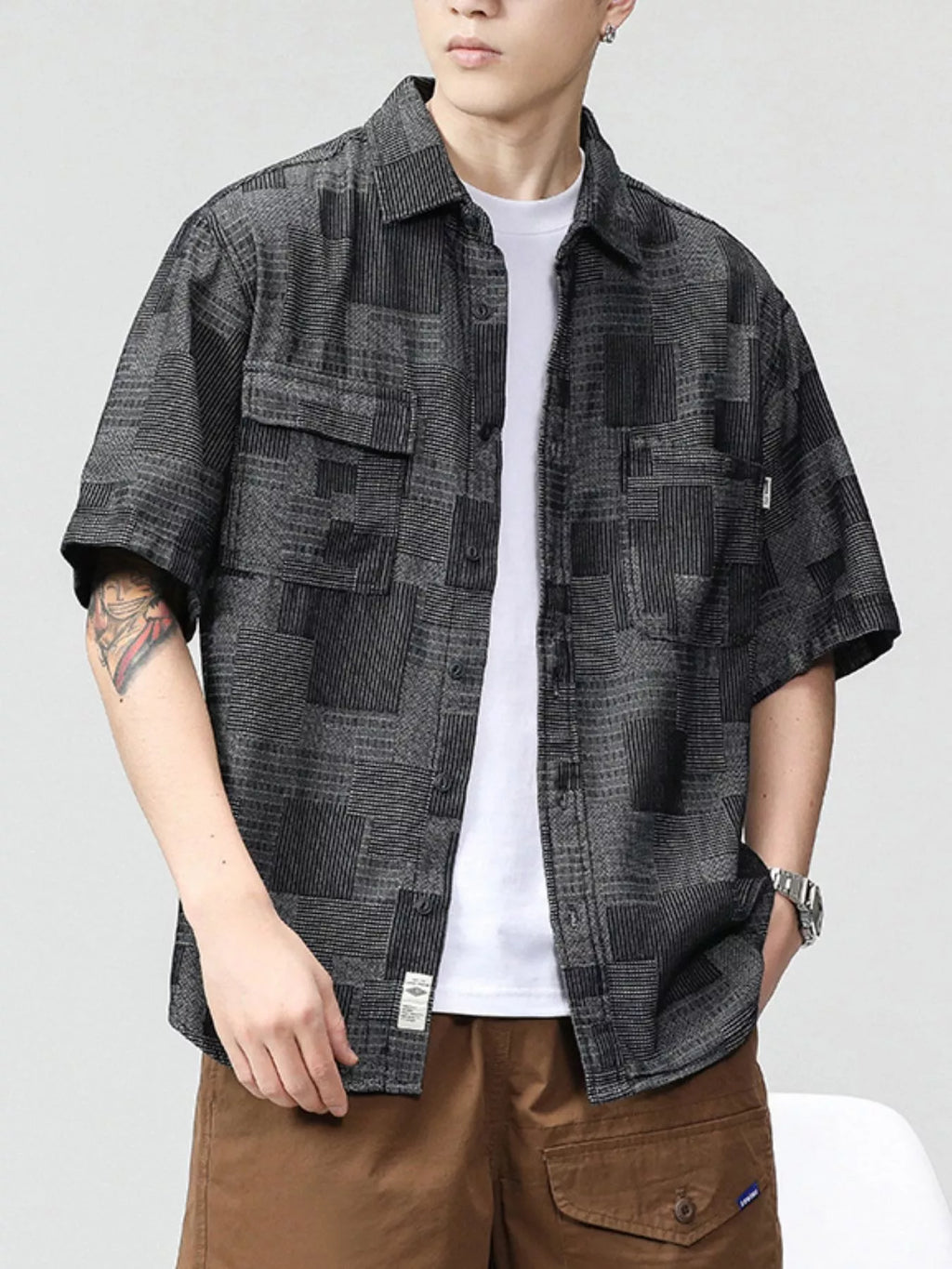 Plus Size Plaid Short Sleeve Shirt in Dusty Blue for Men