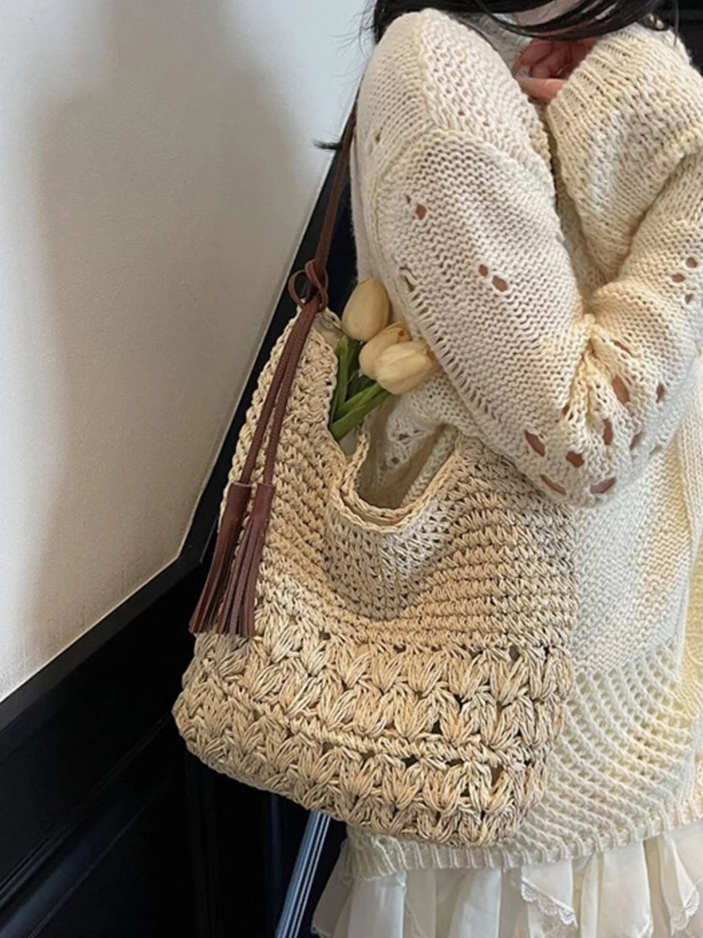 Woven Straw Shoulder Bag with Tassels for Women