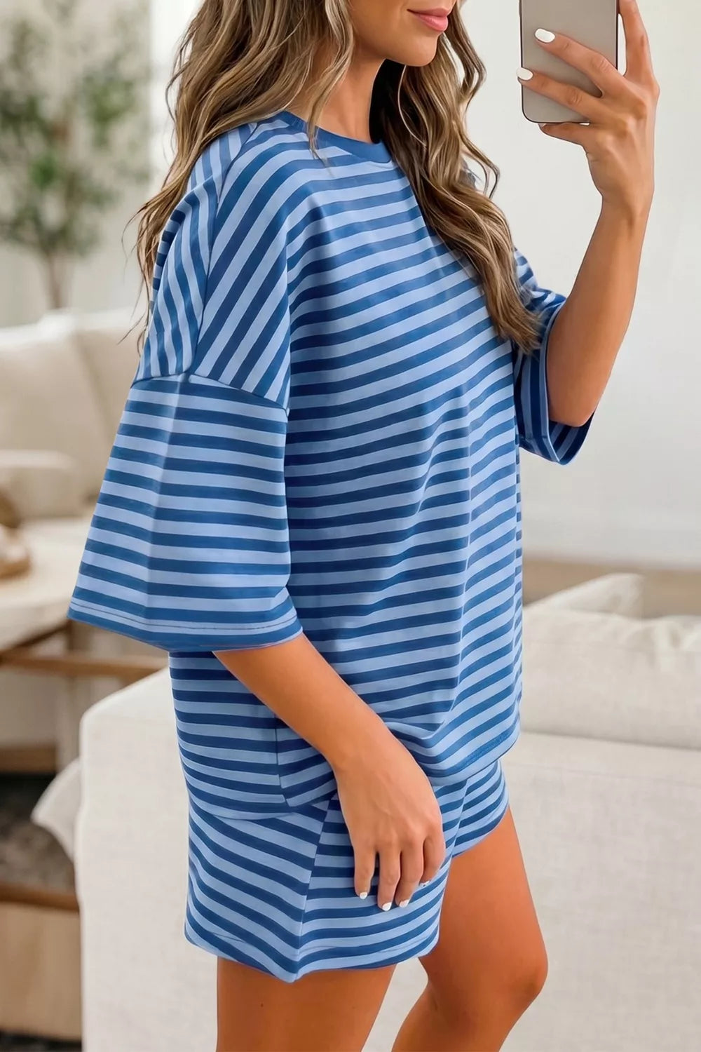 Striped Short Sleeve Top and Shorts Set in Dusty Blue for Women