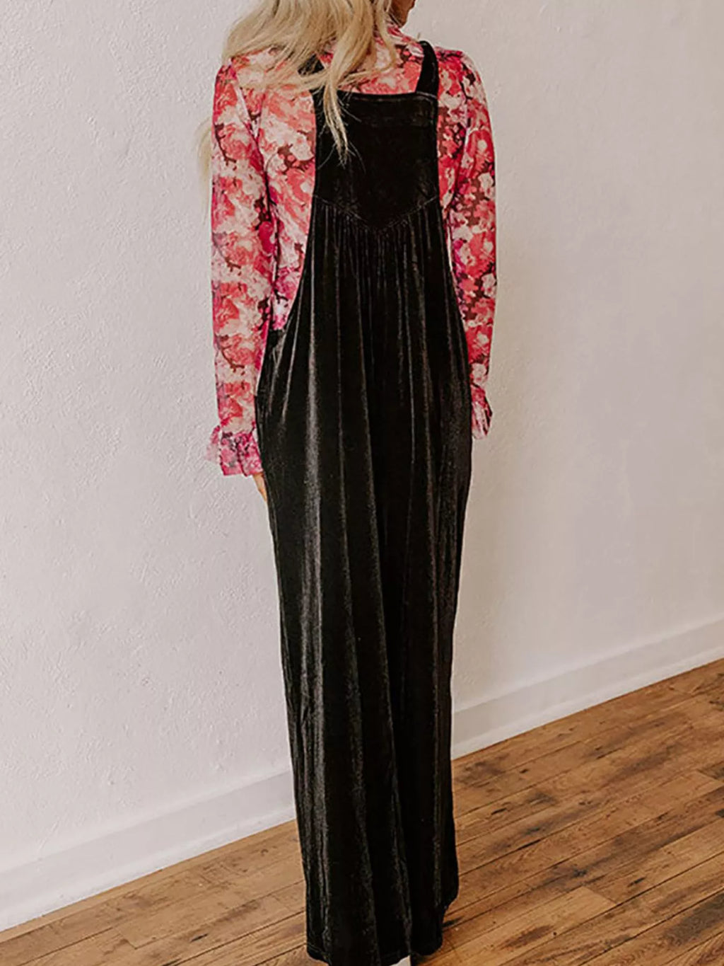 Velvet Wide Leg Overalls in Black for Women