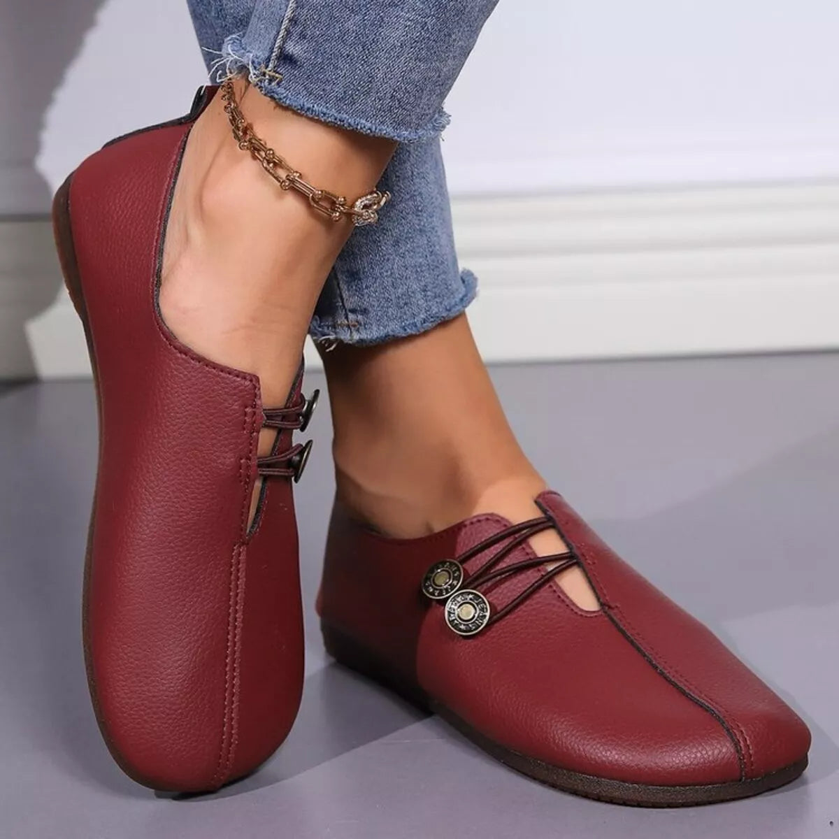 Casual Button Detail Slip-Ons in Red for Women