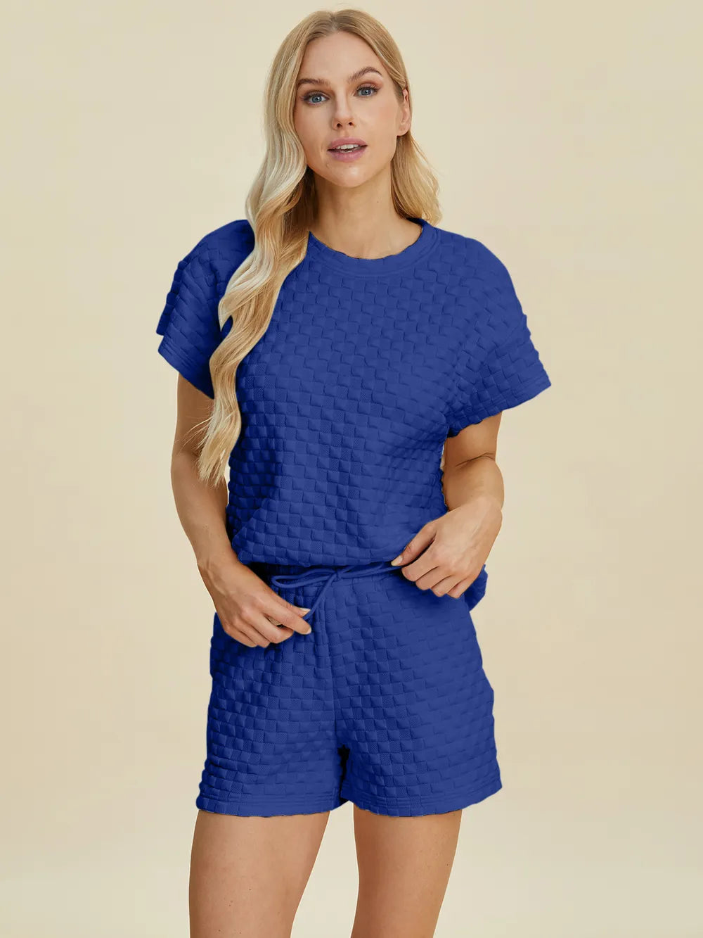 Plus Size Texture T-Shirt and Shorts Set in Royal Blue for Women