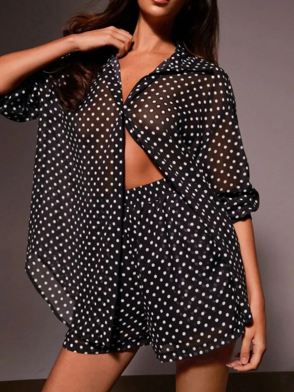 Polka Dot Button Up Shirt and Shorts Set in Black for Women