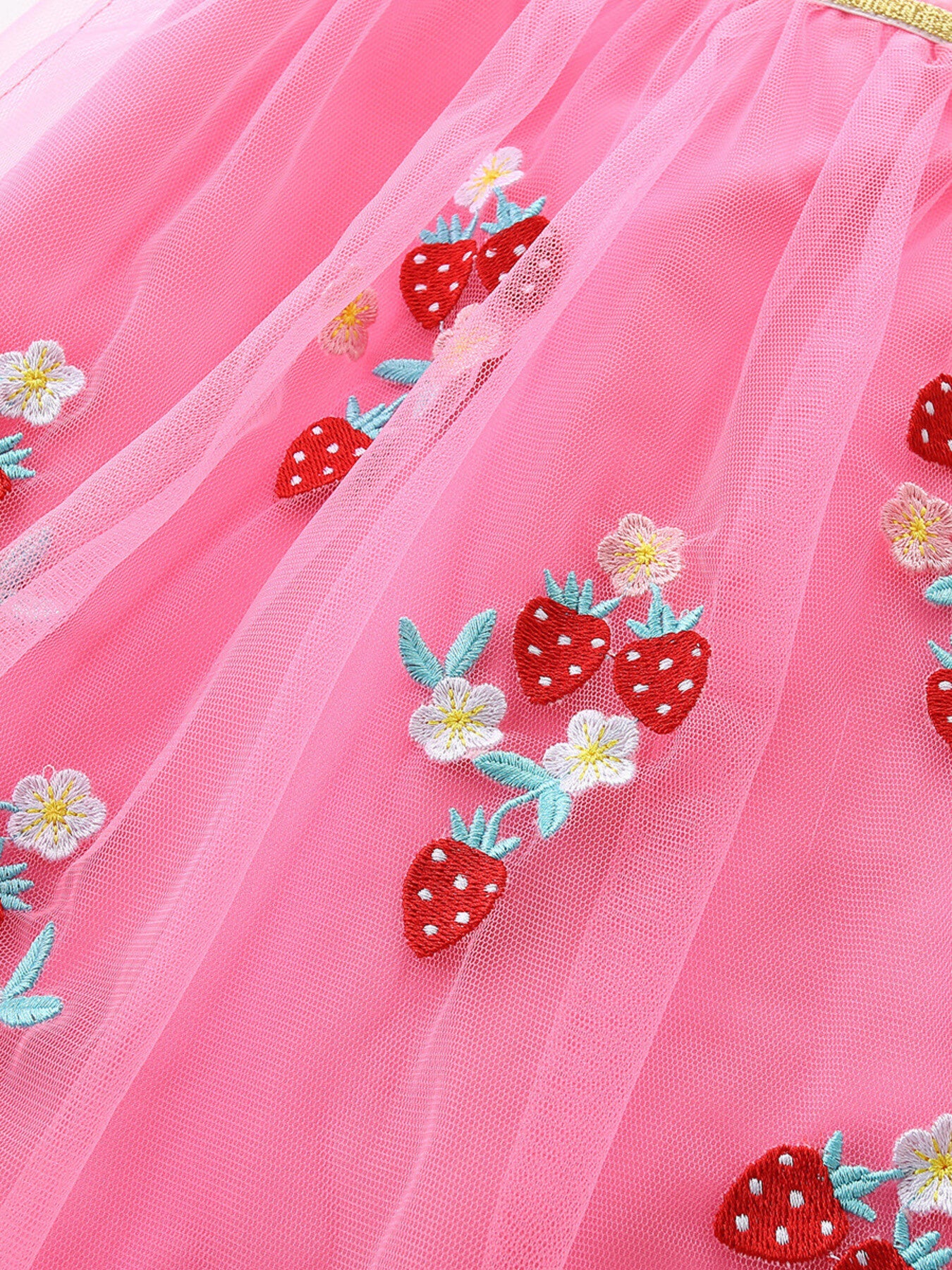 Strawberry Embroidered Ruffle Sleeve Tulle Dress in Fuchsia Pink for Girls