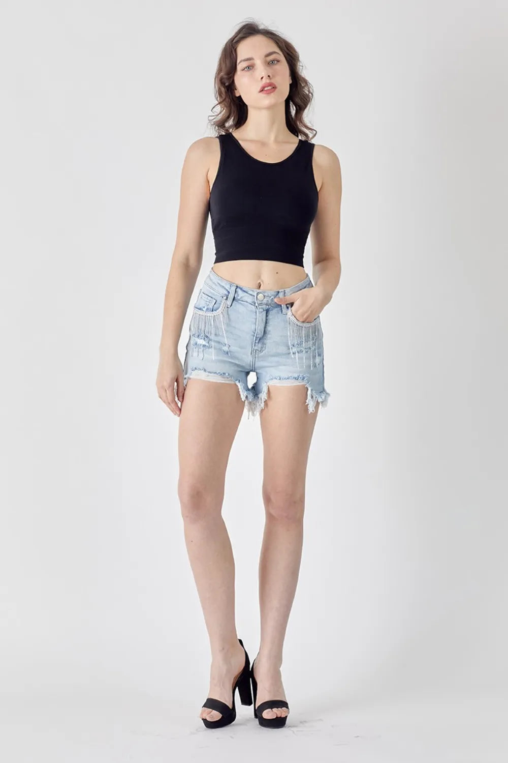 Frayed Hem Denim Shorts with Fringe Detail Pockets for Women