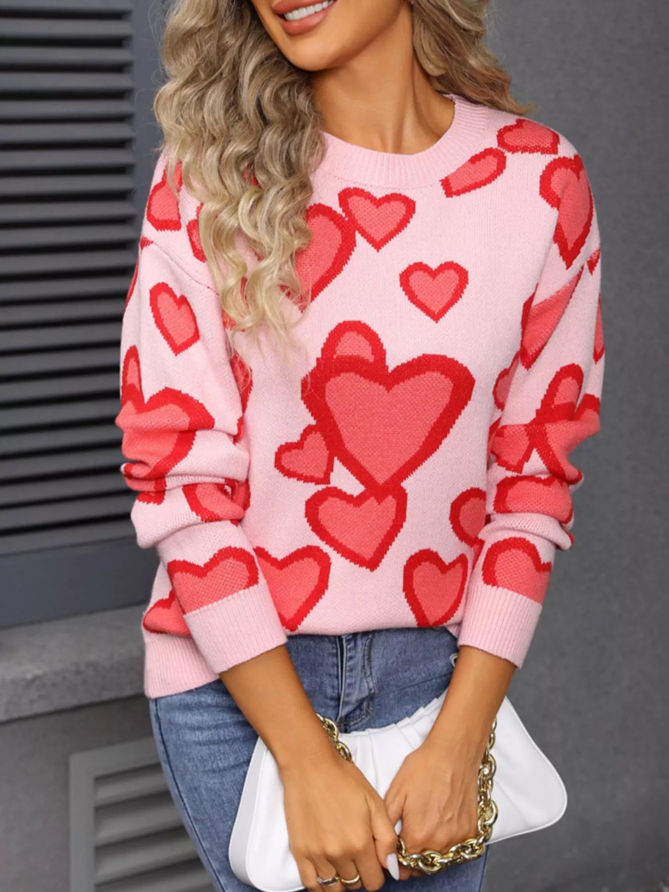 Valentines Day Heart Crew Neck Sweater in Pink for Women