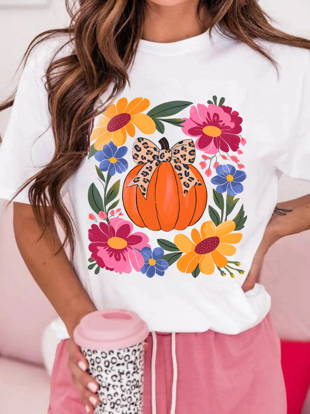 Pumpkin Floral Graphic Round Neck T-Shirt in White for Women