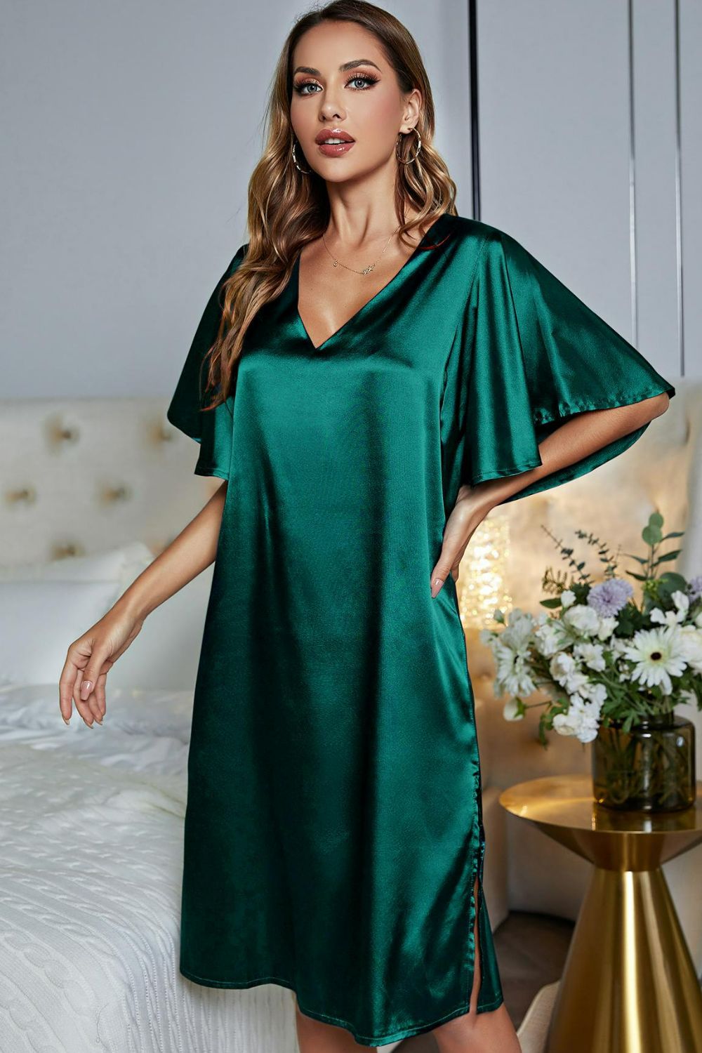 Satin Flutter Sleeve Side Slit V-Neck Night Dress in Teal for Women