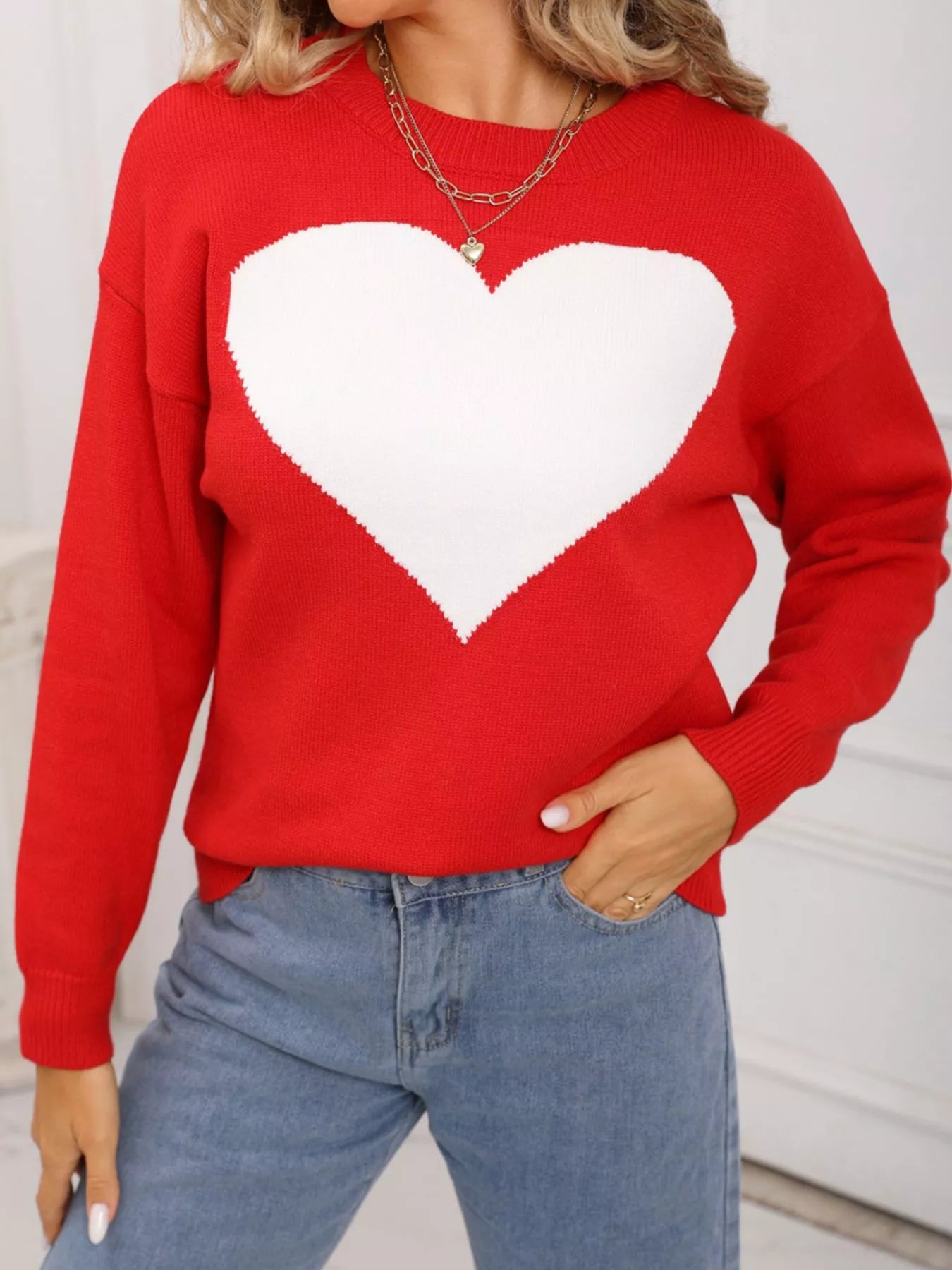 Valentines Day Heart Round Neck Dropped Shoulder Sweater in White in Rose Red for Women