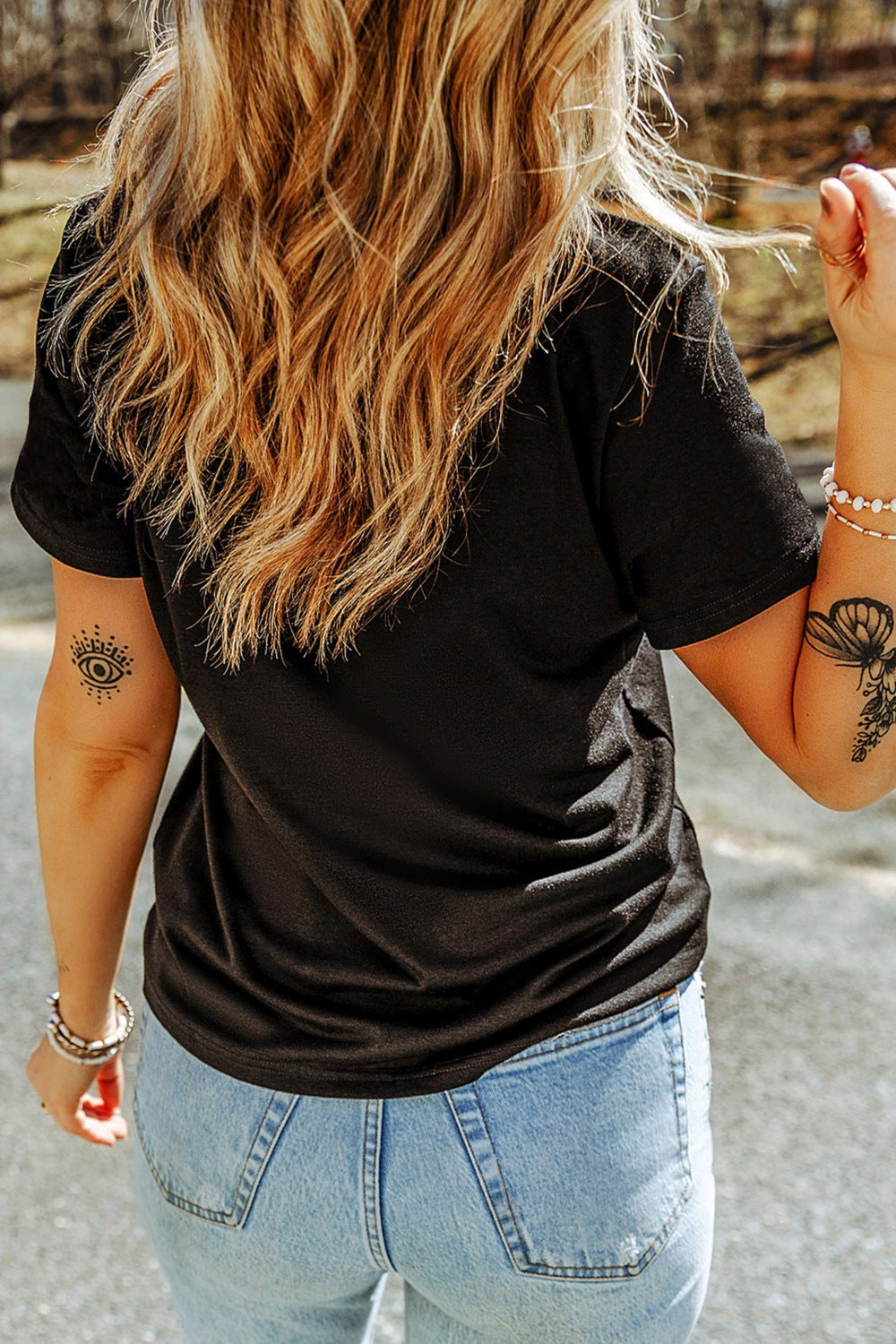 Baseball Distressed Heart Short Sleeve T-Shirt in Black for Women