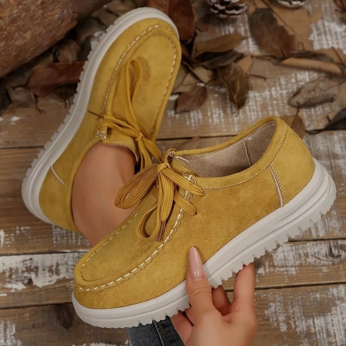 Lace Up Round Toe Loafers in Apricot for Women