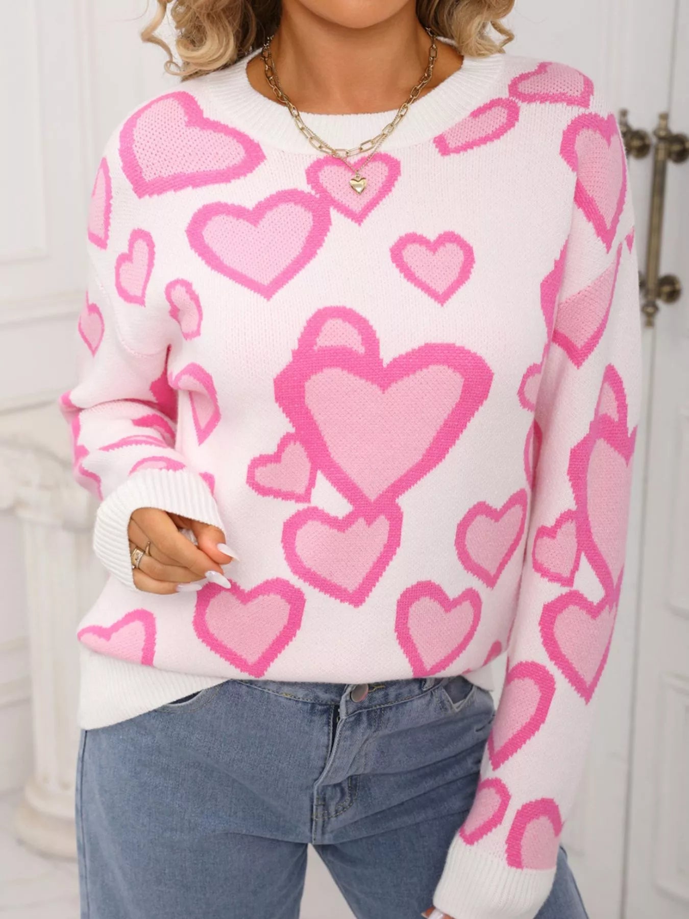 Valentines Day Heart Crew Neck Sweater in Pink in White for Women