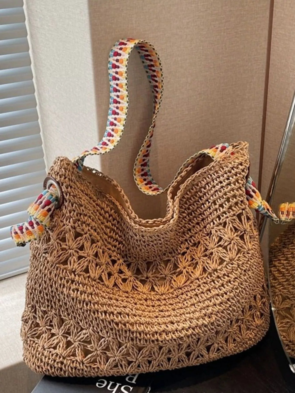 Woven Straw Shoulder Bag in Khaki for Women