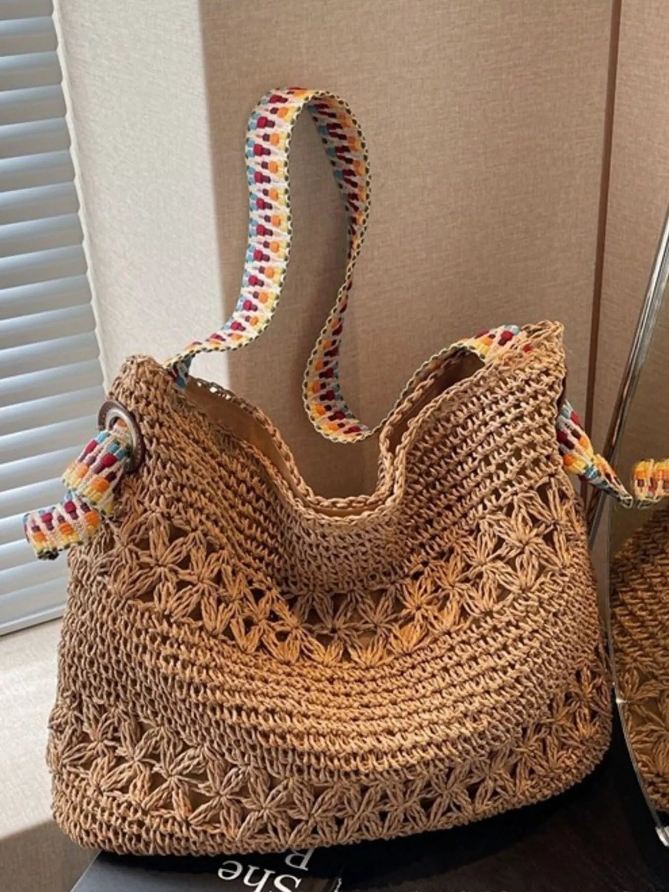 Woven Straw Shoulder Bag in Khaki for Women