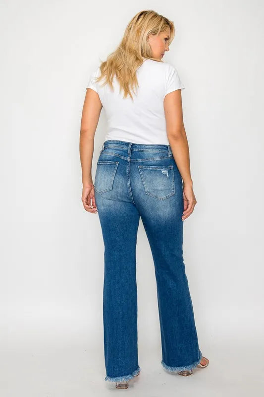 Plus Size Raw Hem Distressed High Rise Bootcut Jeans for Women