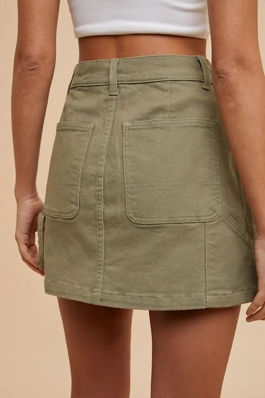 Cargo Denim Mini Skirt in Olive for Women