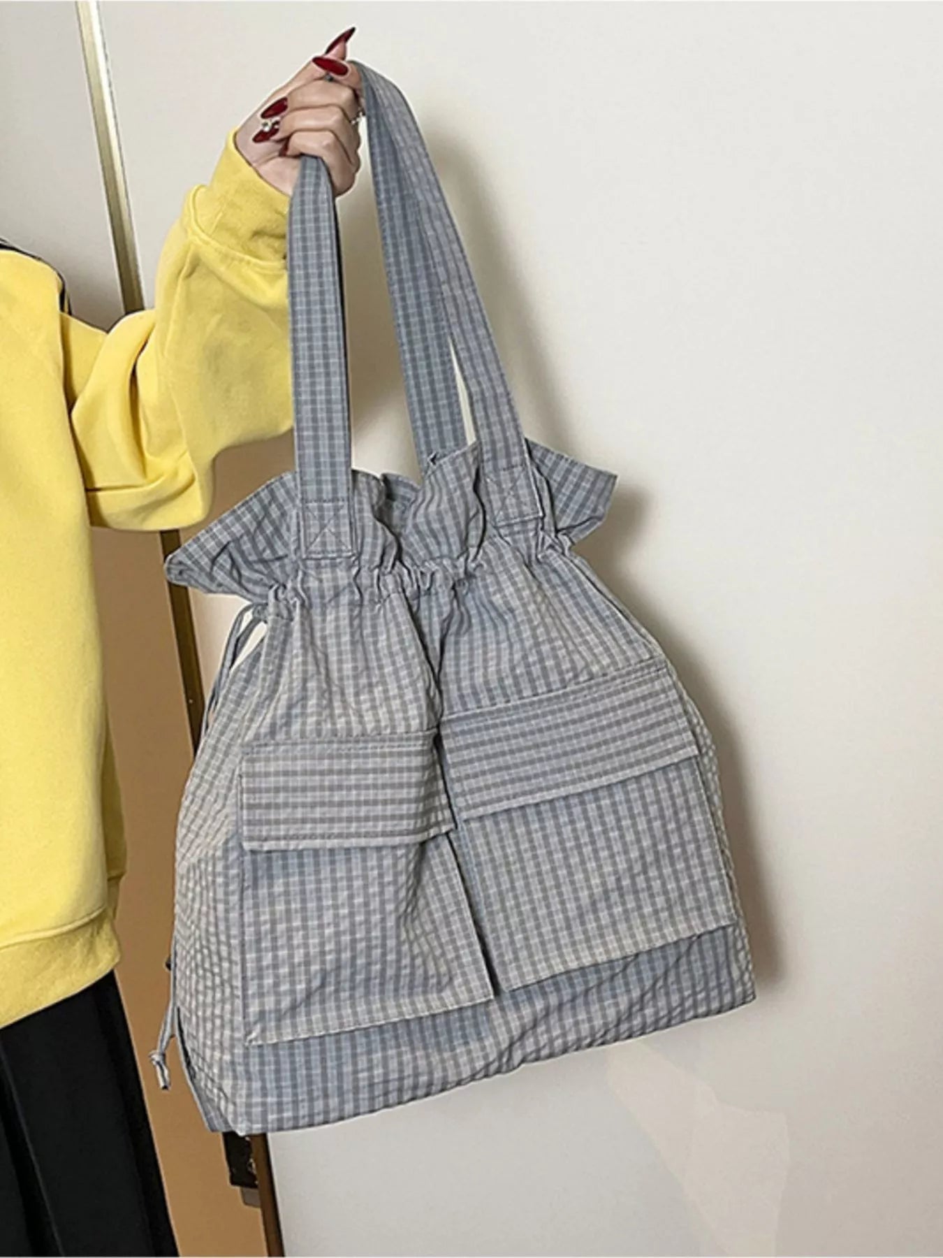 Convertible Plaid Drawstring Backpack Bag for Women