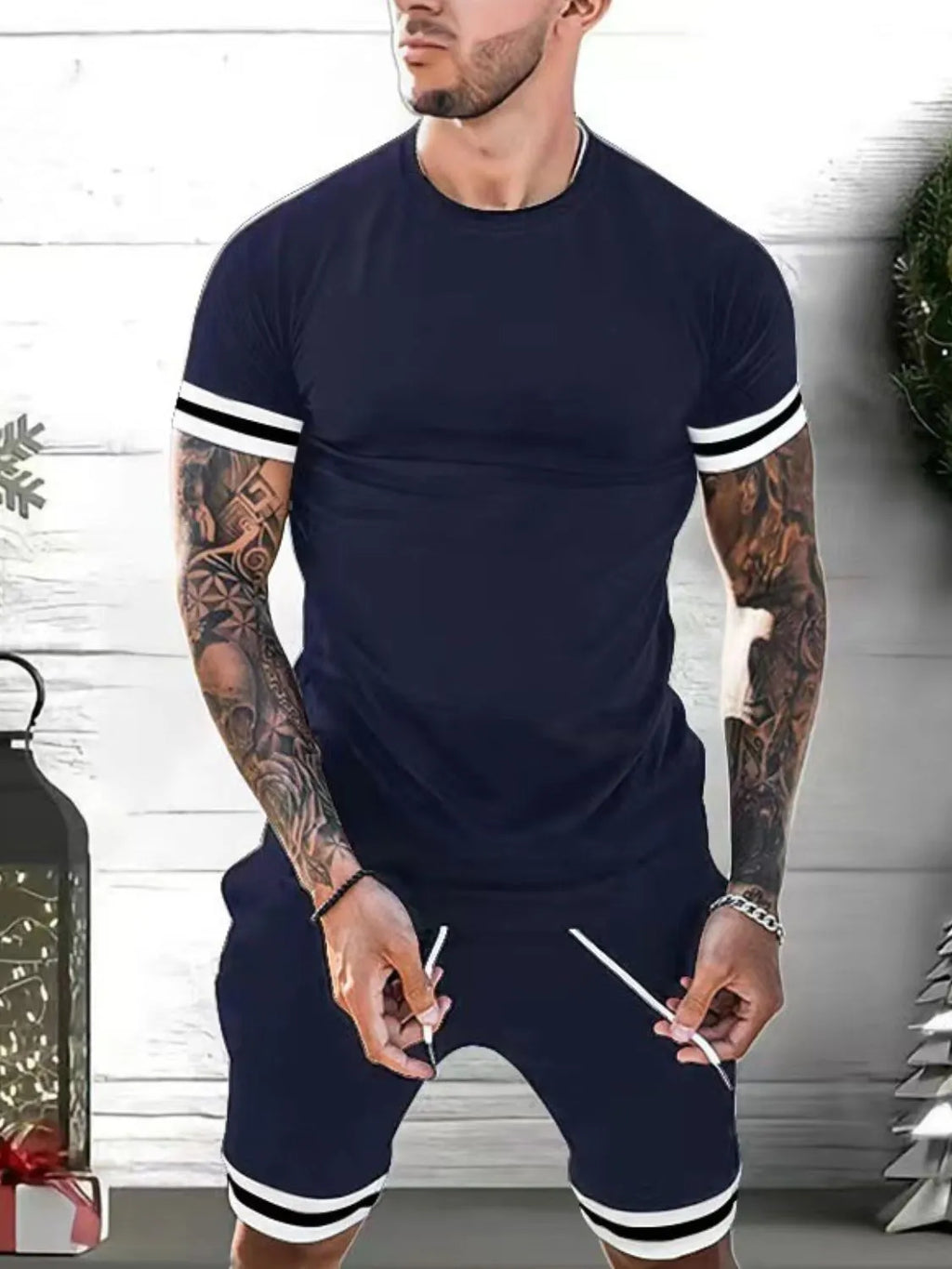 Plus Size Round Neck Short Sleeve Top and Shorts Set in Classic in White for Men