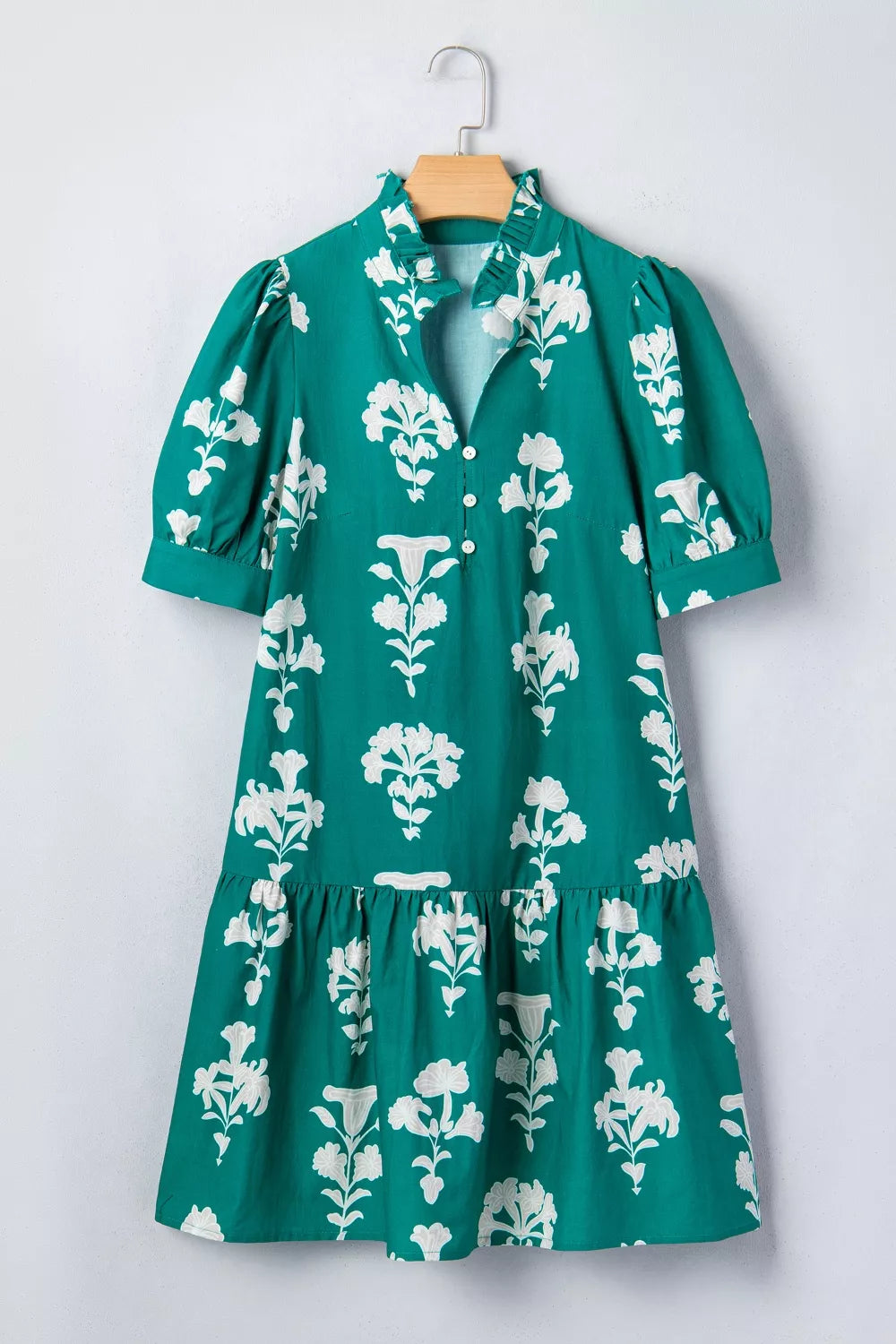 Frilled V-Neck Puff Short Sleeve Floral Mini Dress in Turquoise for Women